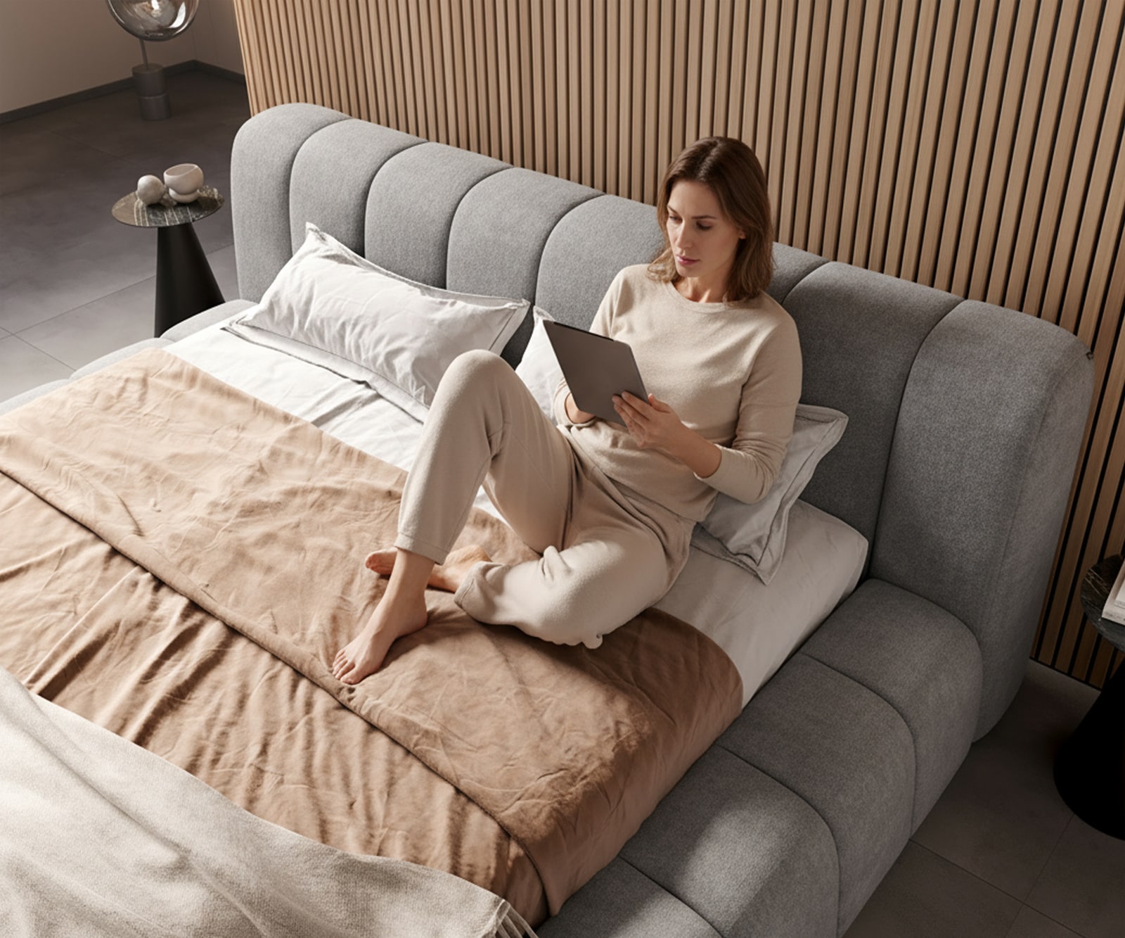 Gestoffeerd bedframe Cutio 180x200 cm structuurstof soft grijs 4