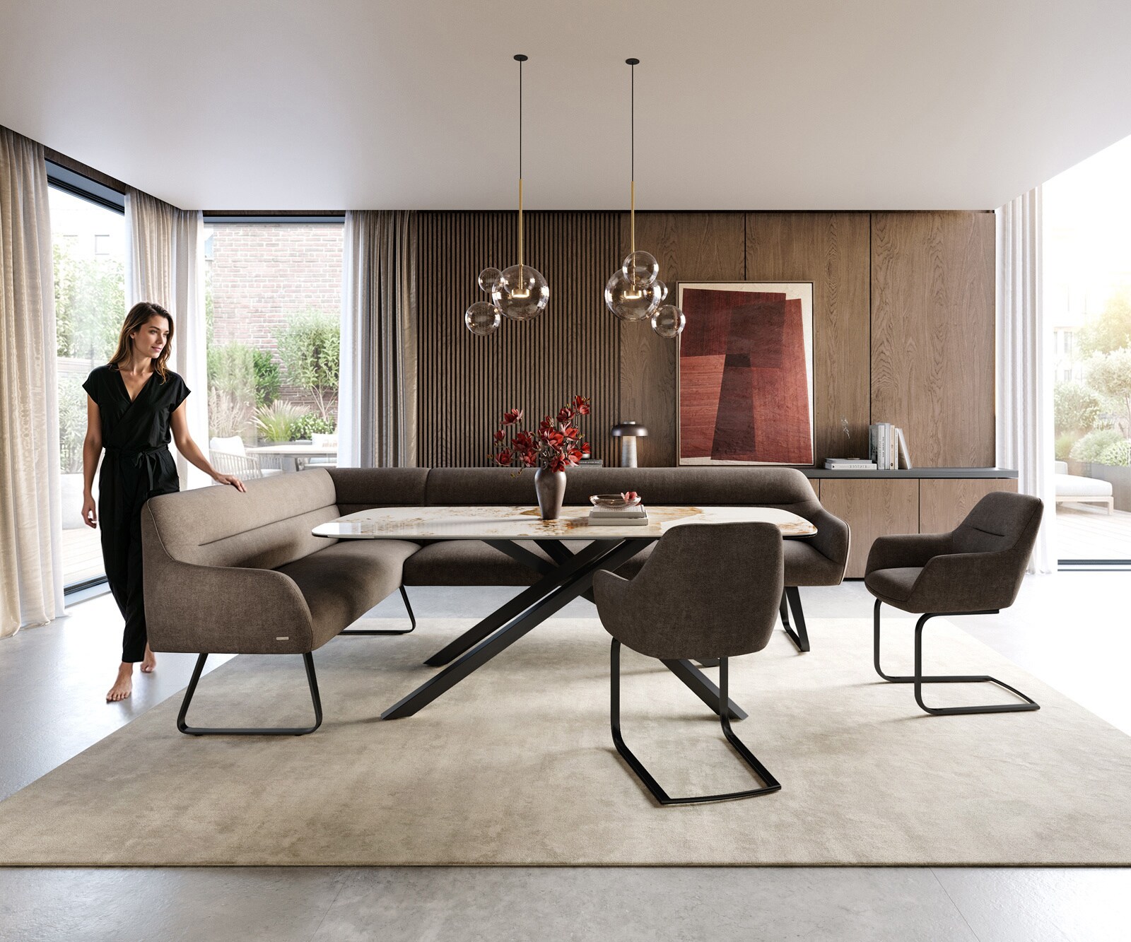 Eetkamerbank Taya-Flex 285x190 cm zachte stof met structuur taupe platte sledebasis zwart pocketvering rechts 2