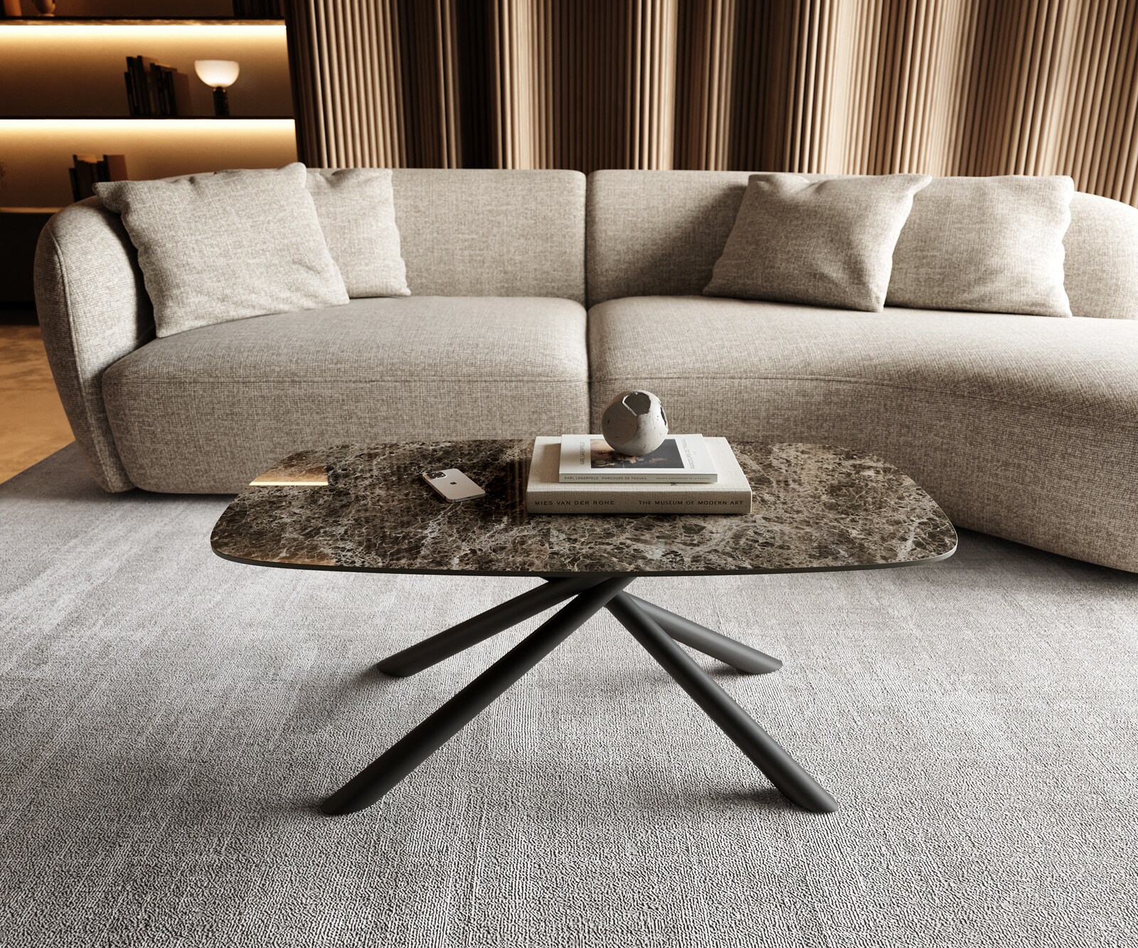 Salontafel Edge bootvorm 100x50 cm keramiek Emperador Extra Lucidato donkerbruin Sarity metaal zwart 1
