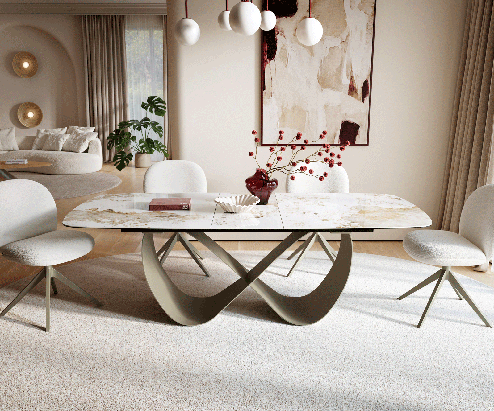 Eettafel Edge Boot 180-220x100 Keramiek Minas Melange Wit-beige Infinity metaal effect afwerking titanium Uitschuifbaar 2