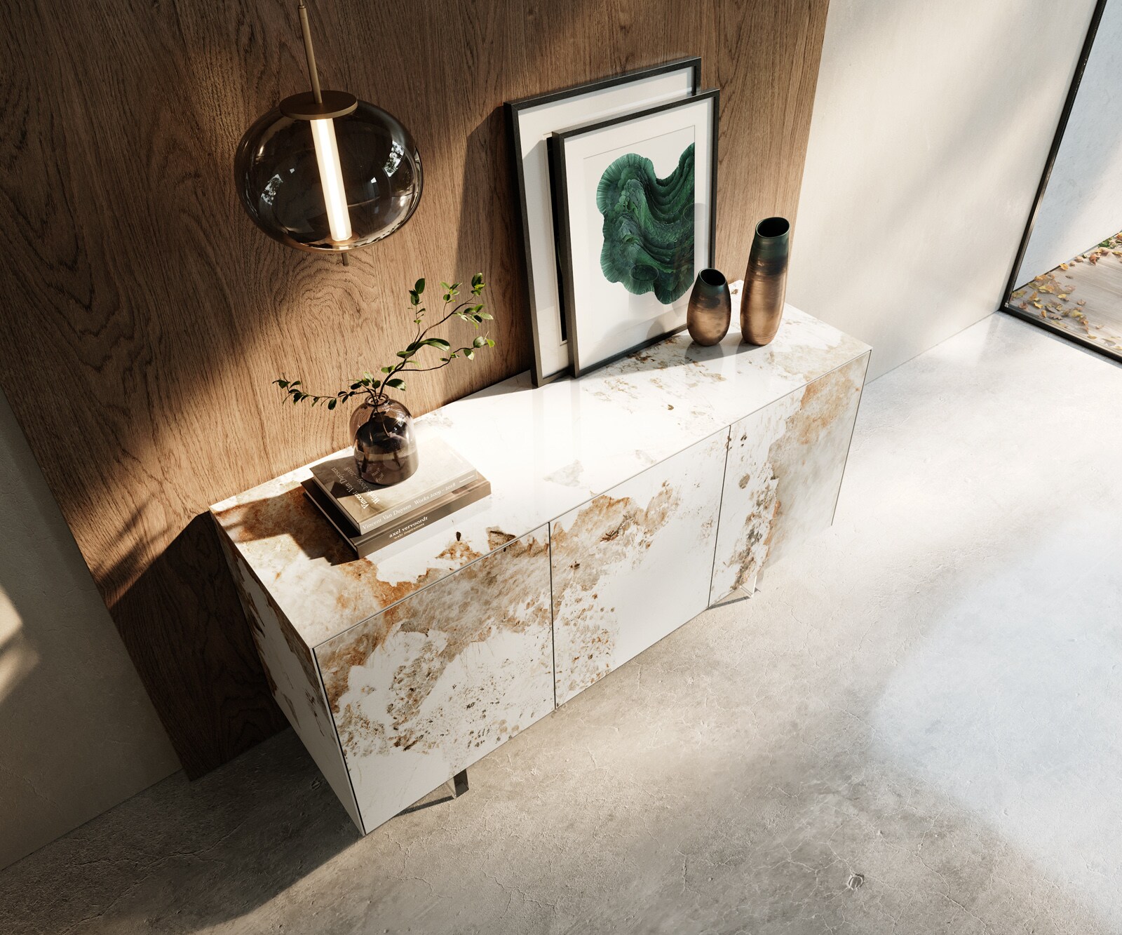 Dressoir Cuor 150 cm Keramiek Minas Melange Wit-beige 3 Deuren Zwevende voet look Acrylglas 3