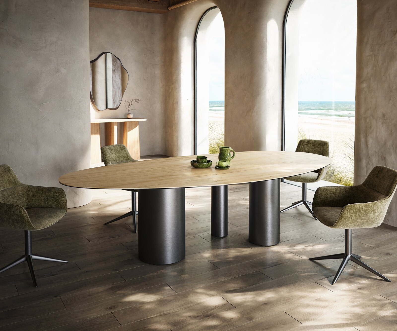 Eetkamertafel Edge ovaal 280x130 keramiek Laminam® Sabbia eiken kleur Troa roestvrij staal grafiet 1