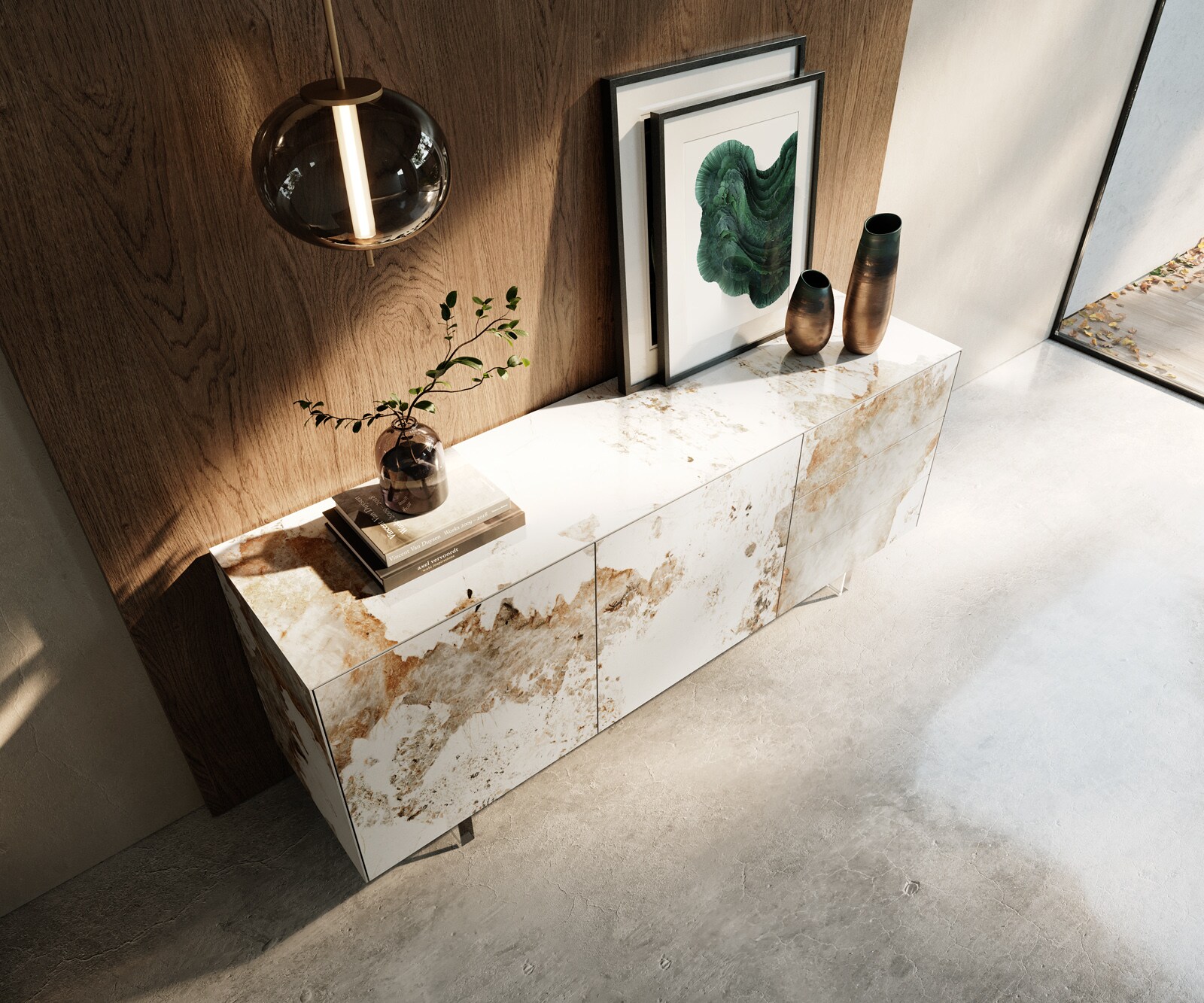 Dressoir Cuor 180 cm Keramiek Minas Melange Wit-beige 2 Deuren 3 Laden Zwevende voet look Acrylglas 3