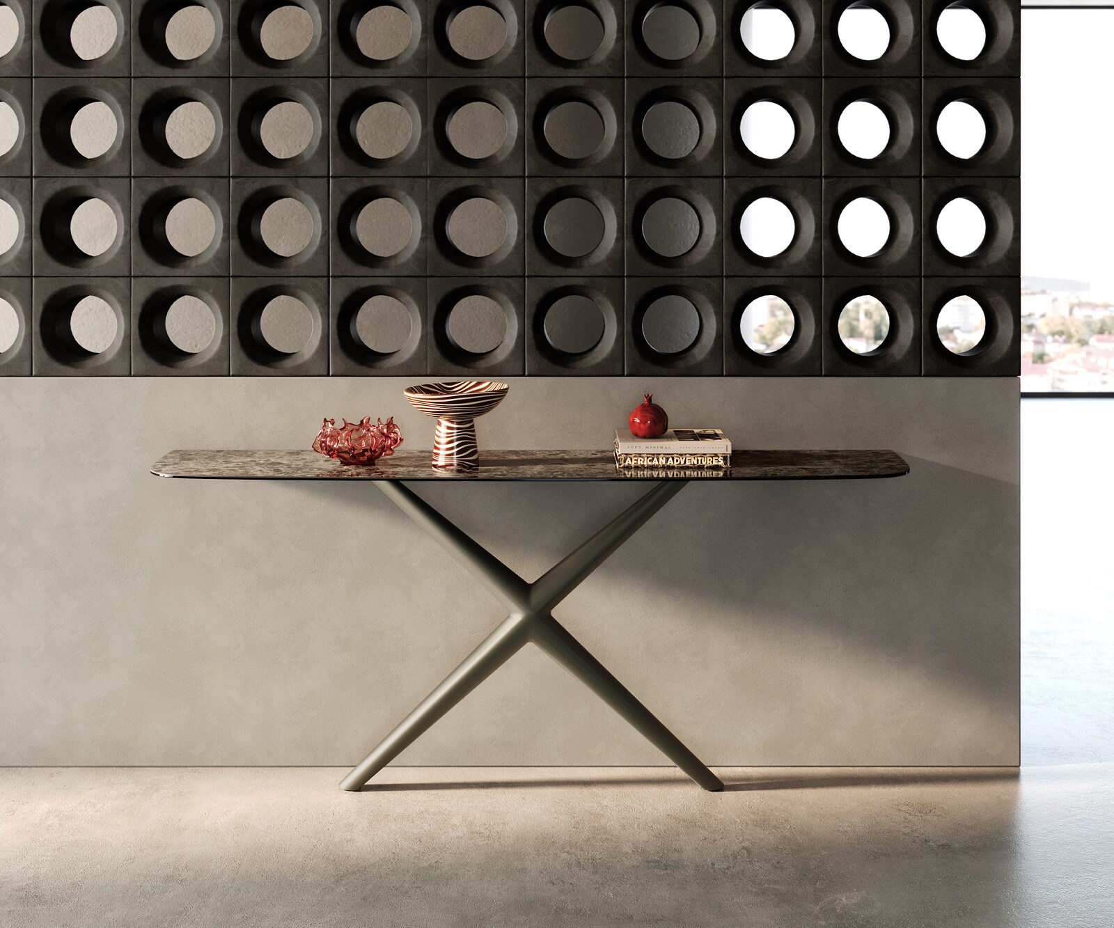 Consoletafel Edge Bootvorm 180x40 cm Keramiek Emperador Extra Lucidato Dunkelbraun Estelo Metaal Effektfinish Titan 1