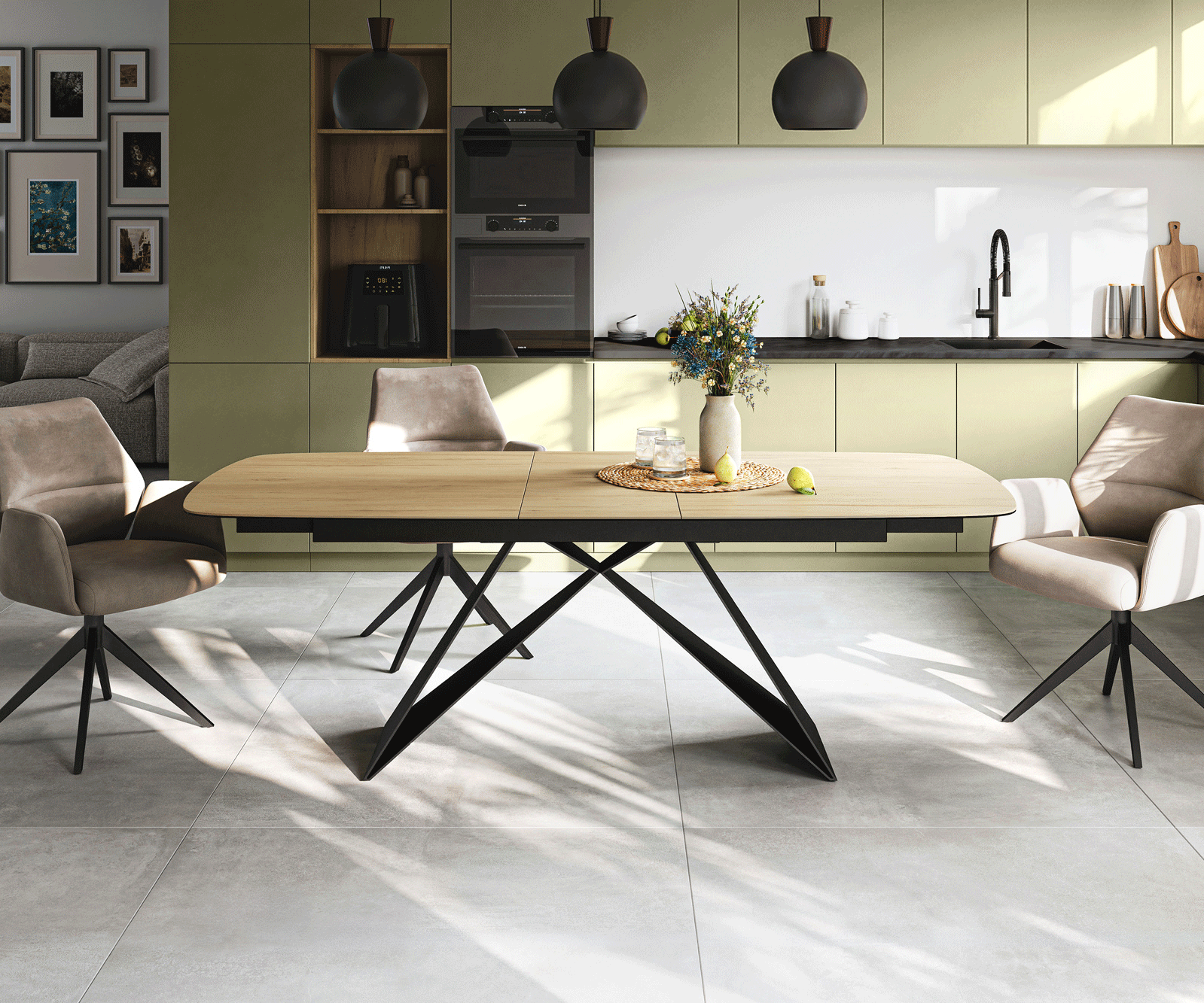 Eettafel Edge Boot 180-220x100 cm Keramiek Laminam® Sabbia Eichefarbig V-onderstel Flachstahl Zwart uitschuifbaar 2