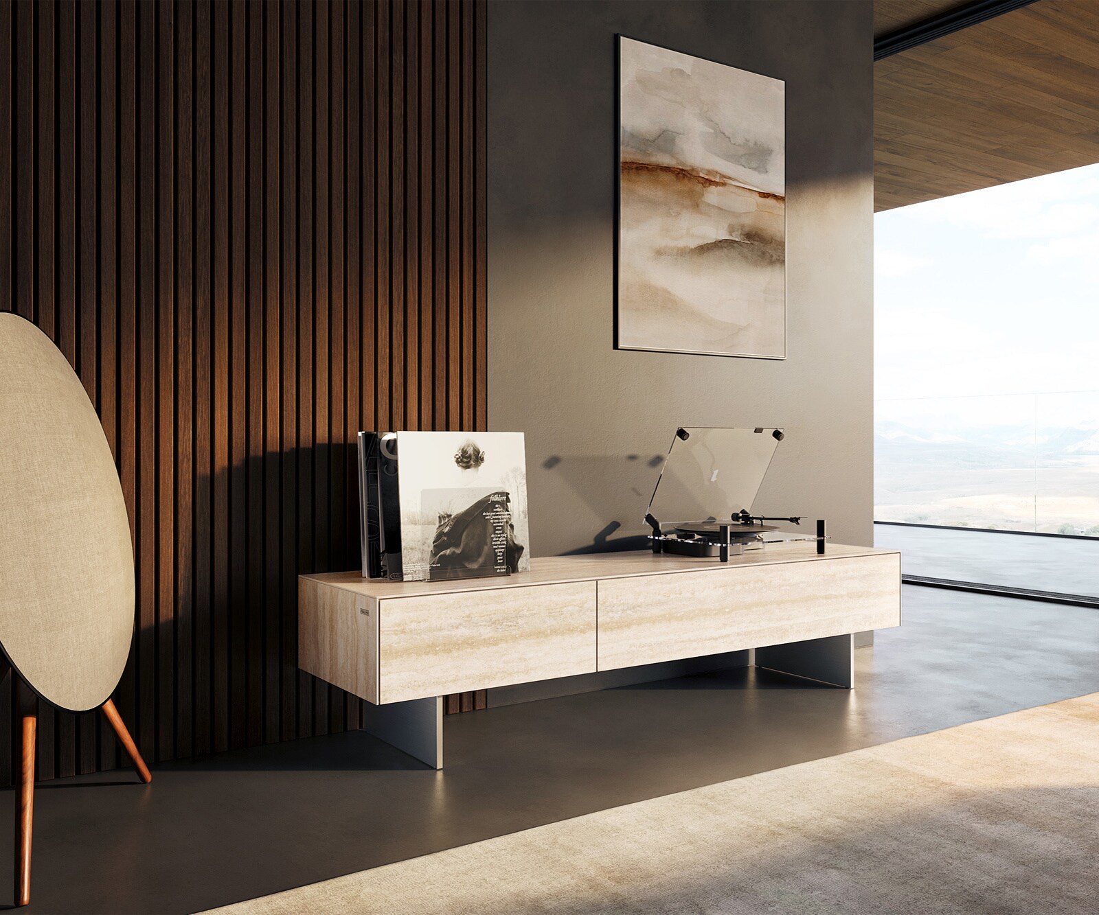 Tv-meubel Cuor 150 cm Keramiek Laminam® Travertino Bianco Crème-wit 1 Flap 1 Lade Zwevende voet look Roestvrij staal