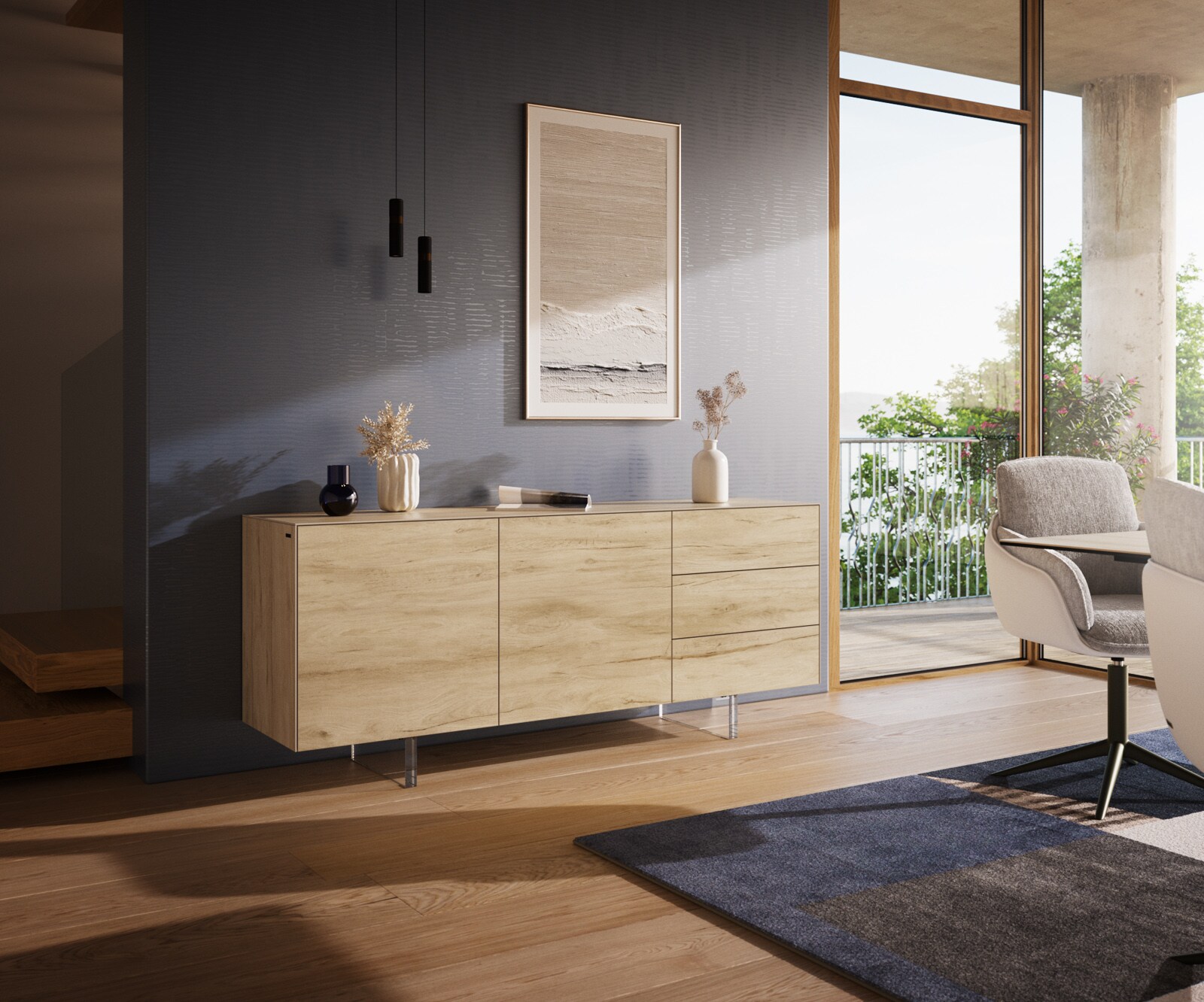 Dressoir Cuor 180 cm Keramiek Laminam® Sabbia Eiken gekleurd 2 Deuren 3 Laden Zwevende voet look Acrylglas