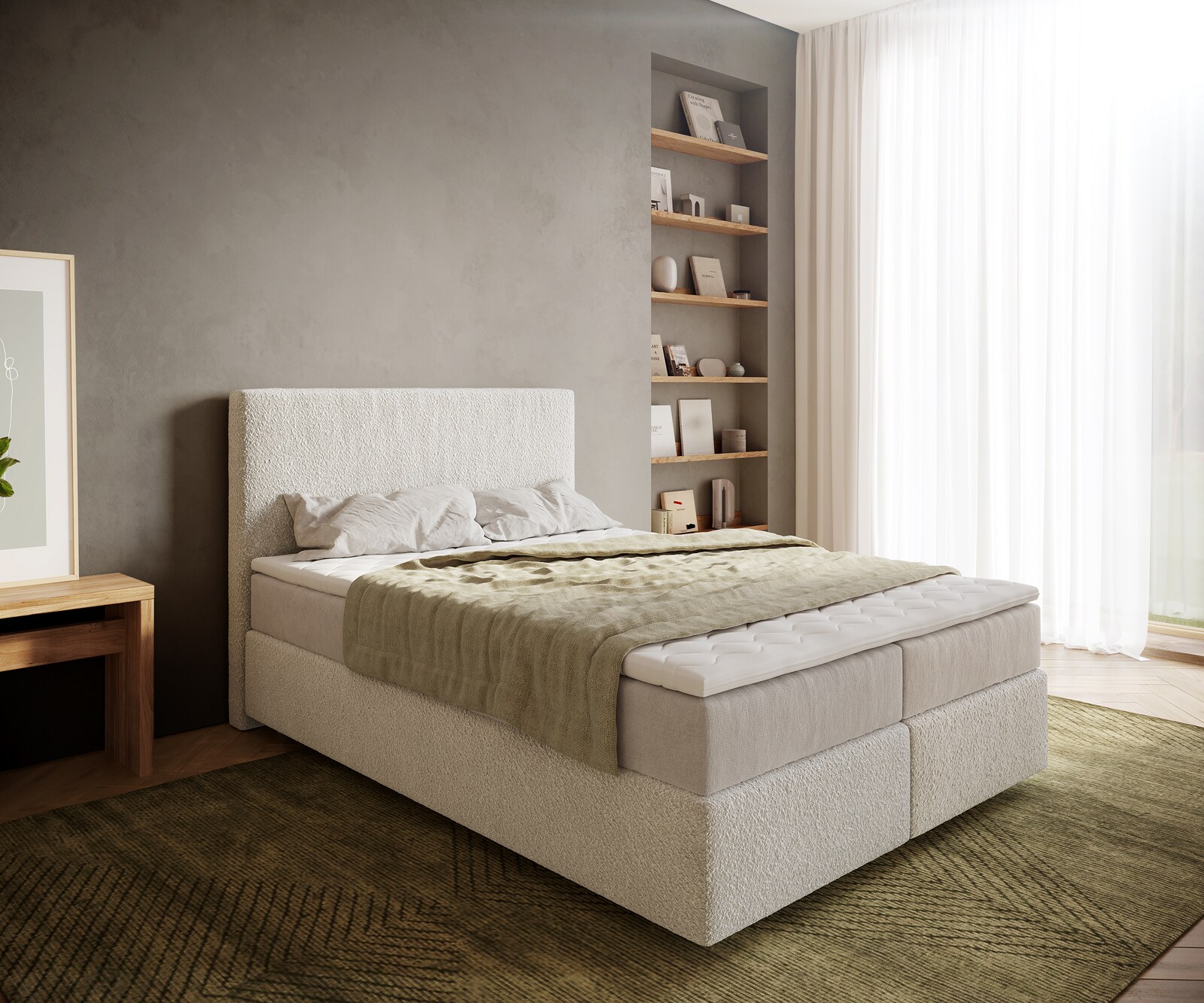 Boxspringbed Dream-Well 140x200 cm Bouclé Crème-Wit met Pocketveringmatras en Topper Visco