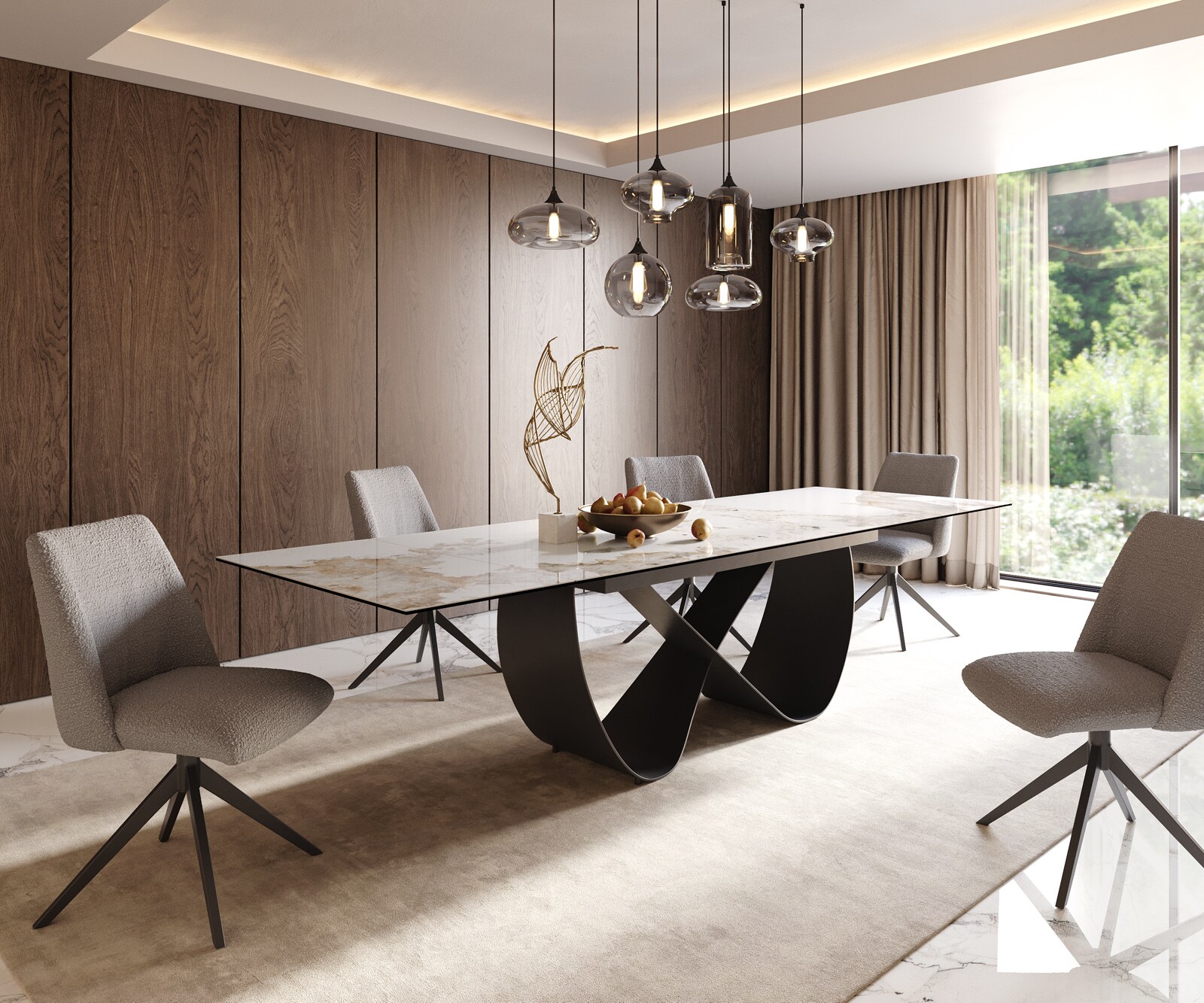 Eetkamertafel Edge 200-300x100 cm Keramiek Minas Melange Wit-Beige Infinity Metaal Zwart uitschuifbaar 6