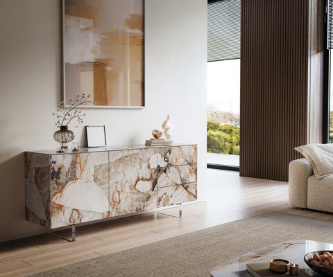 Dressoir Cuor 180 cm Keramiek Patagonia gepolijst 2 Deuren 3 Laden Zwevende voet look Acrylglas