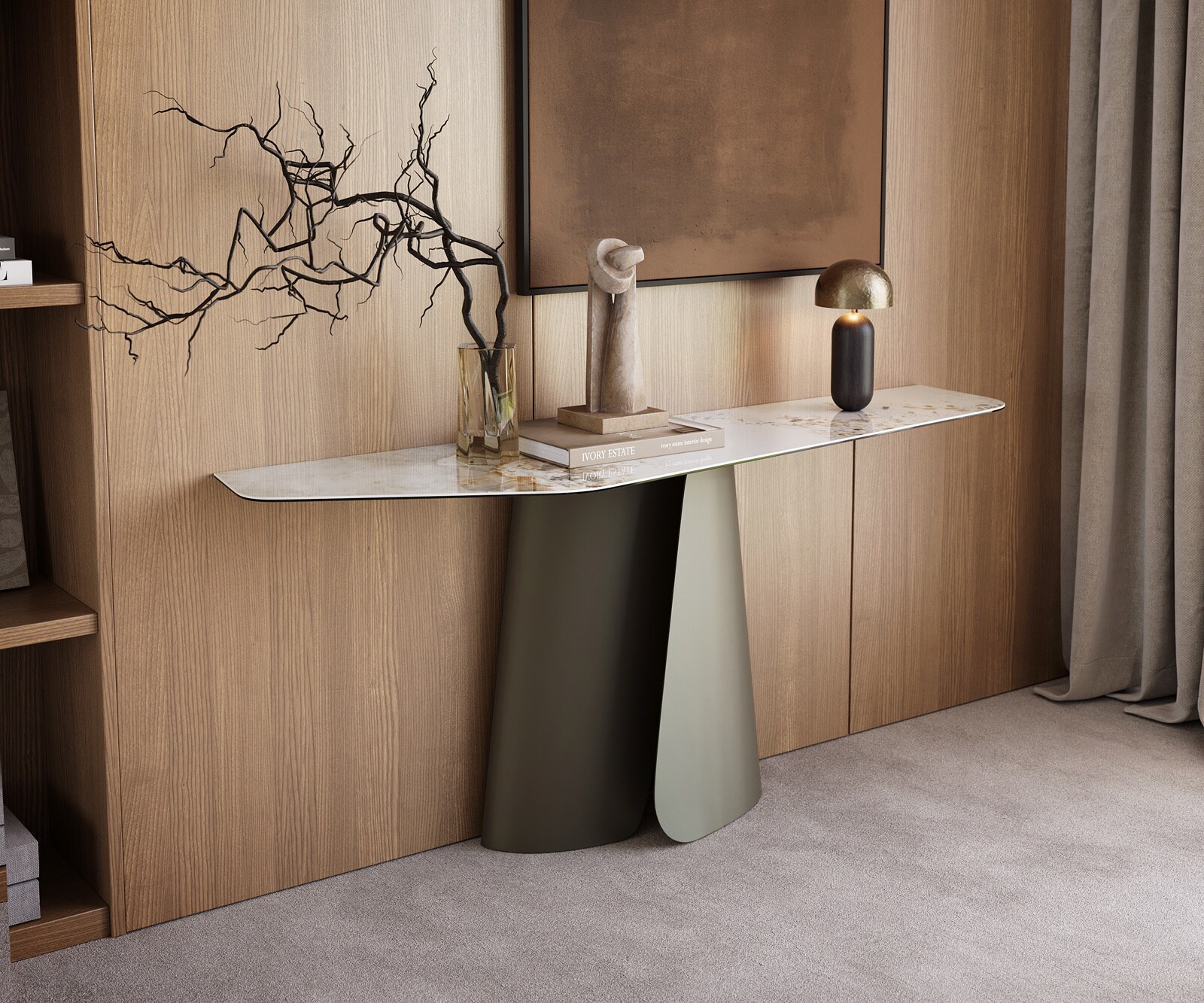 Consoletafel Edge Polygonaal 180x50 cm Keramiek Minas Melange Weiß-Beige Livos Metaal Effektfinish Titan 1