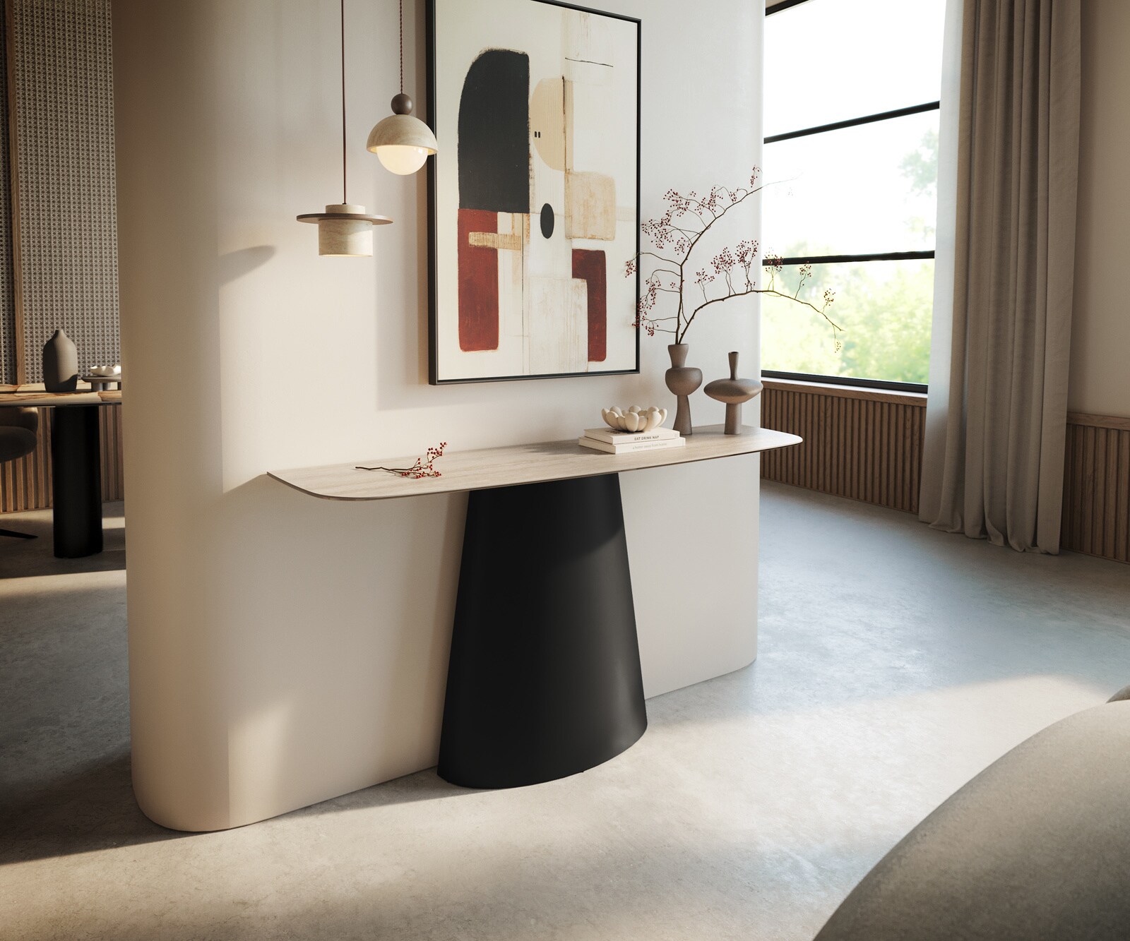Consoletafel Edge Bootvorm 140x40 cm Keramiek Laminam® Travertino Bianco Creme-Weiß Conos Metaal Zwart 1