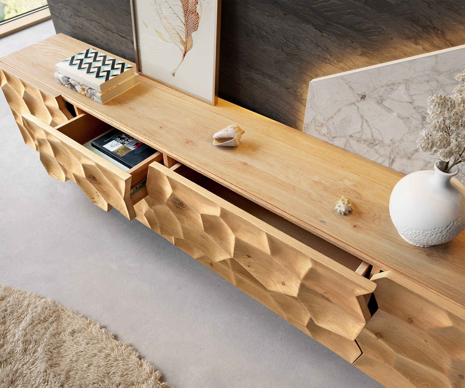 Tv-meubel Solu 220 cm natuurlijk eiken 2 deuren 4 laden onderstel zwevend metaal zwart 3D front 3