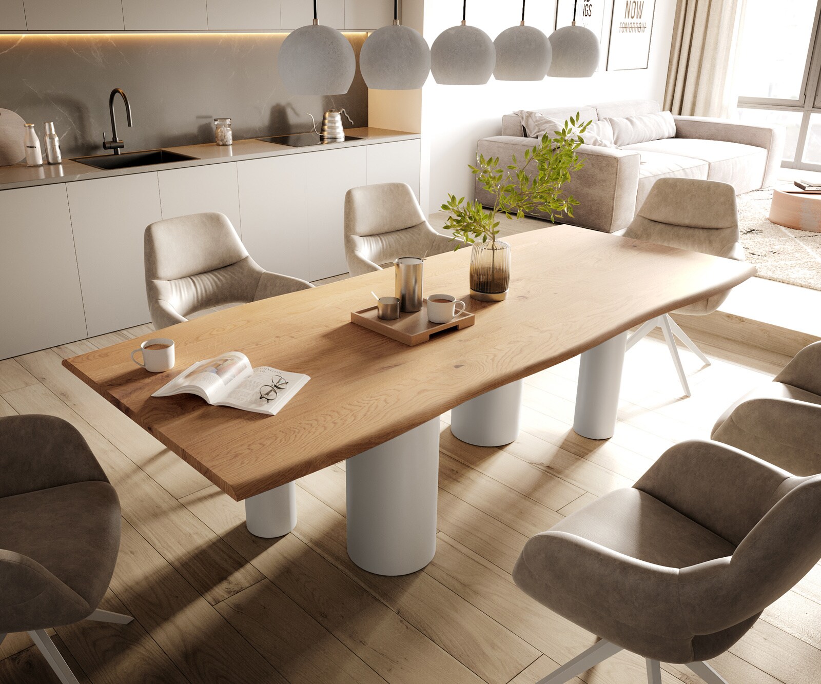 Eetkamertafel Edge 260x100x2,5-3 eiken natuur Pilier metaal wit Live-Edge 1