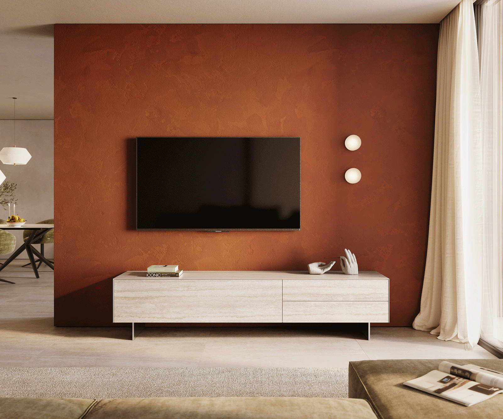 Tv-meubel Cuor 220 cm Keramiek Laminam® Travertino Bianco Crème-wit 1 Flap 2 Laden Zwevende voet look Roestvrij staal 2