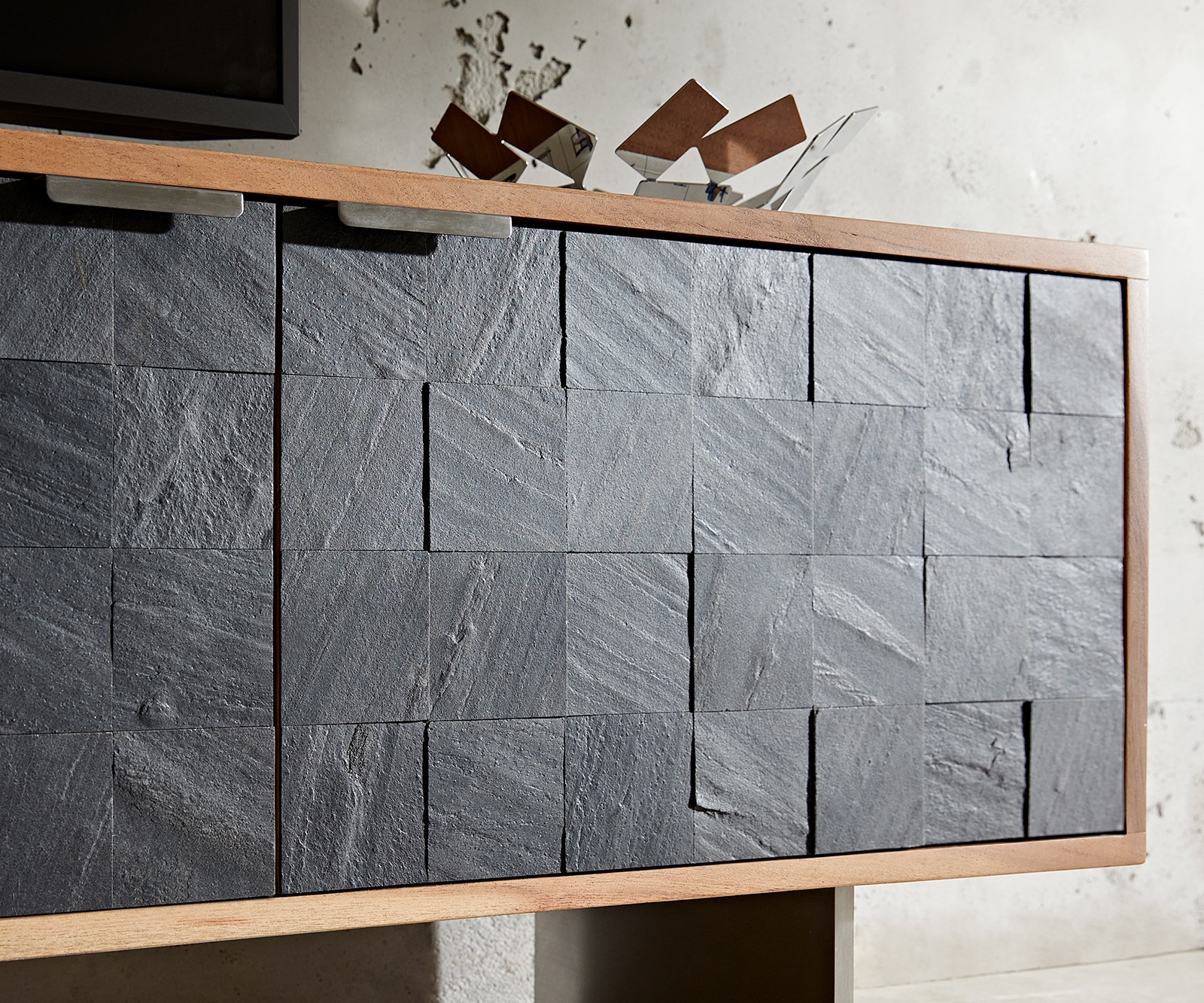 Tv-meubel Teele acacia natuur leisteen 220 cm 4 Deurs poot zwevend roestvrij staal 4 Tv-meubel Teele acacia natuur leisteen 220 cm 4 Deurs poot zwevend roestvrij staal 4