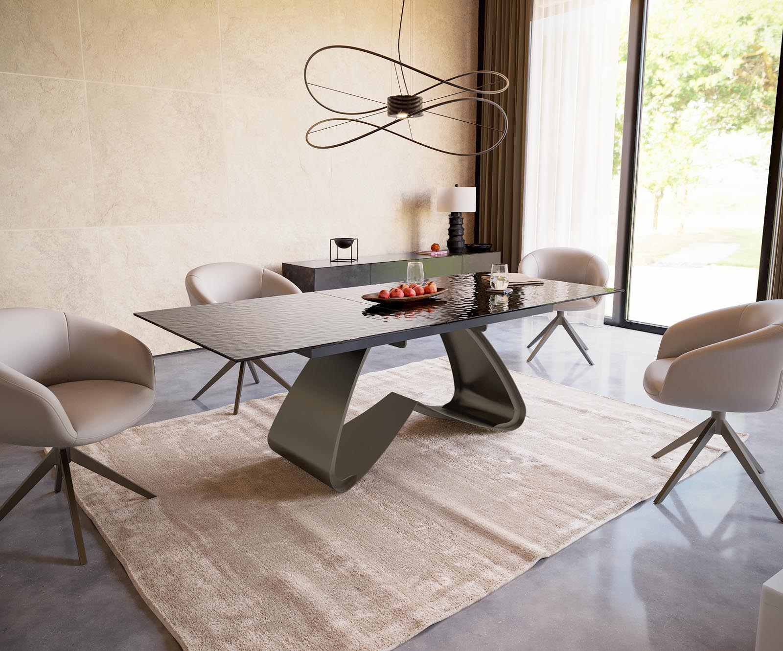 Eetkamertafel Edge 180-220x100 Glas smelten rokerig zwart 3D-Relief W-frame effectafwerking Titaan uitschuifbaar 5 Eetkamertafel Edge 180-220x100 Glas smelten rokerig zwart 3D-Relief W-frame effectafwerking Titaan uitschuifbaar 5