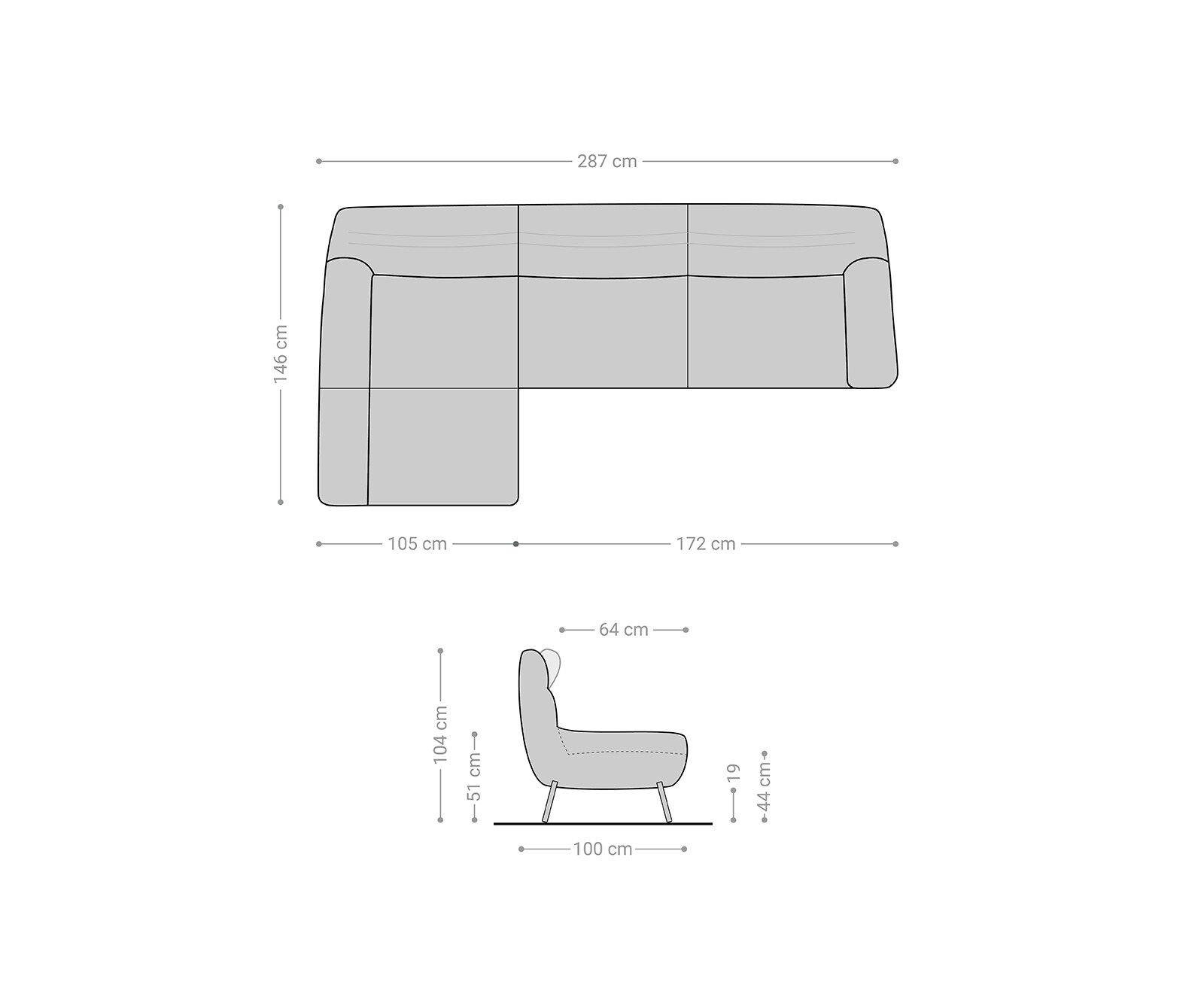 Hoekbank Shape High 305x160 steengrijs Longchair links by ES brand 6