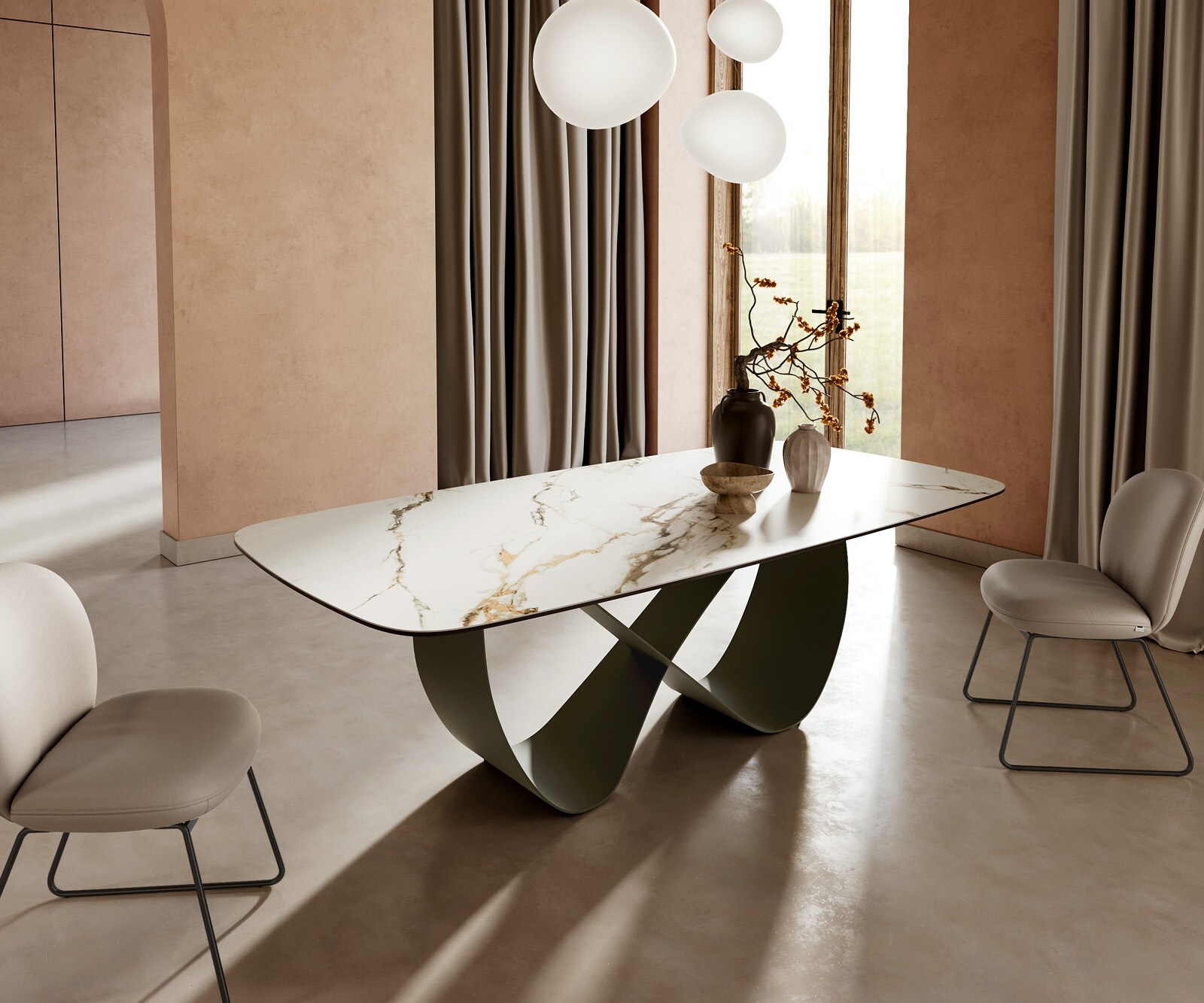 Eettafel Edge Boot 240x120cm keramiek Calacatta Luxe wit-goud-grijs Infinity metaal effect afwerking titanium 1