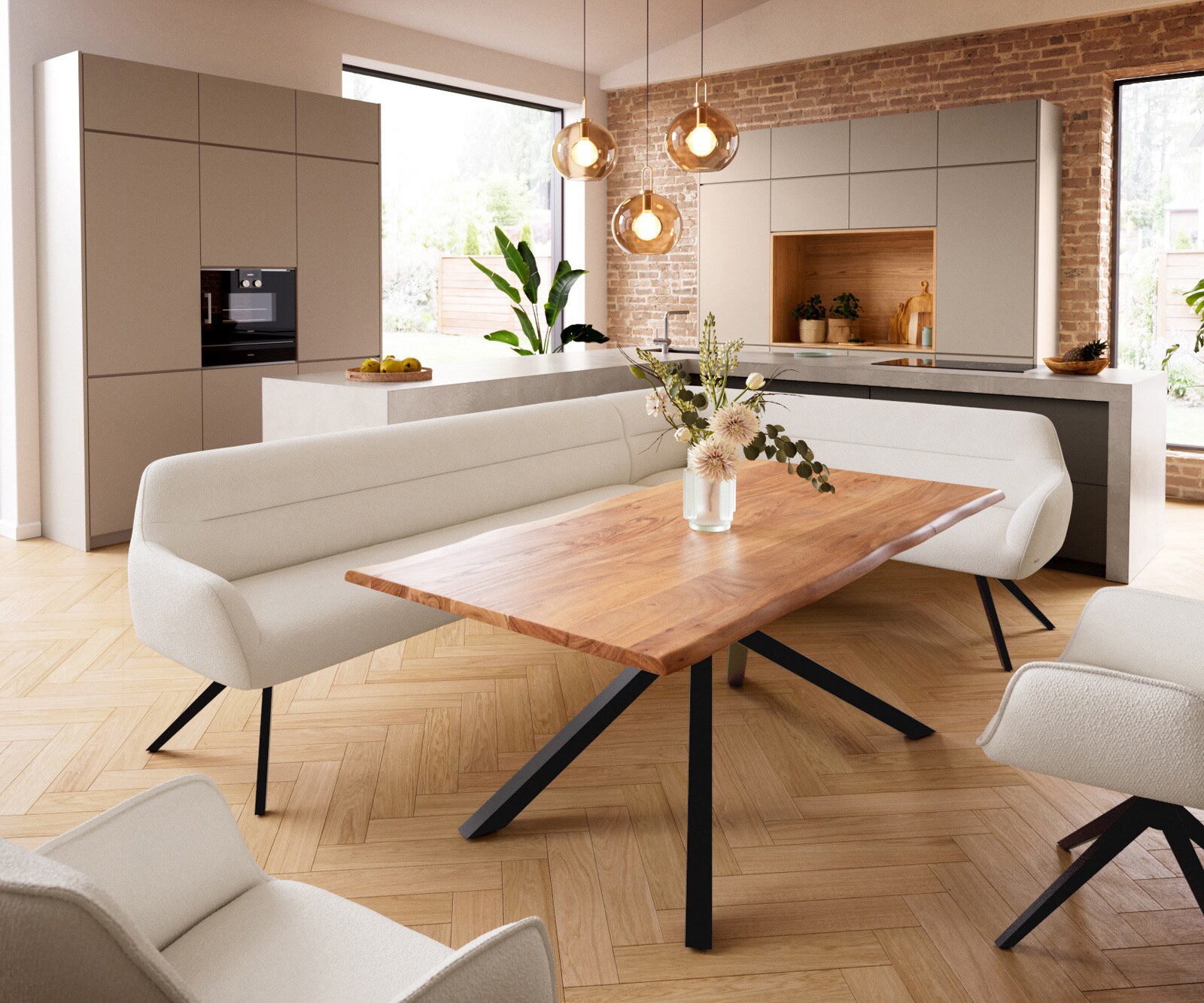 Eetkamerbank Taya-Flex 285x190 cm bouclé crème-wit hoekig kruisframe zwart pocketvering links 1