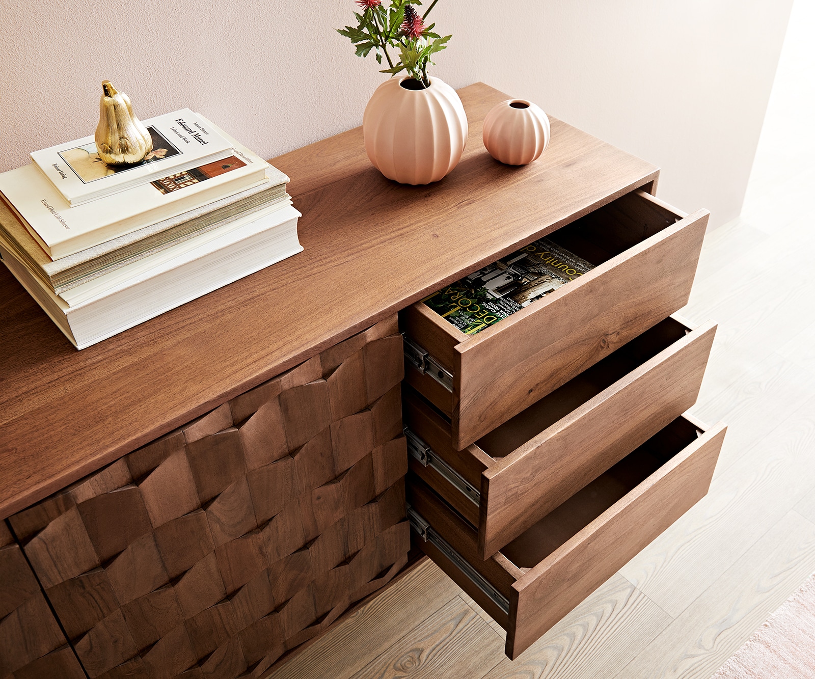 Dressoir Fevo 145 cm acacia bruin 2 deuren 3 schuifladen L-poot 4 Dressoir Fevo 145 cm acacia bruin 2 deuren 3 schuifladen L-poot 4