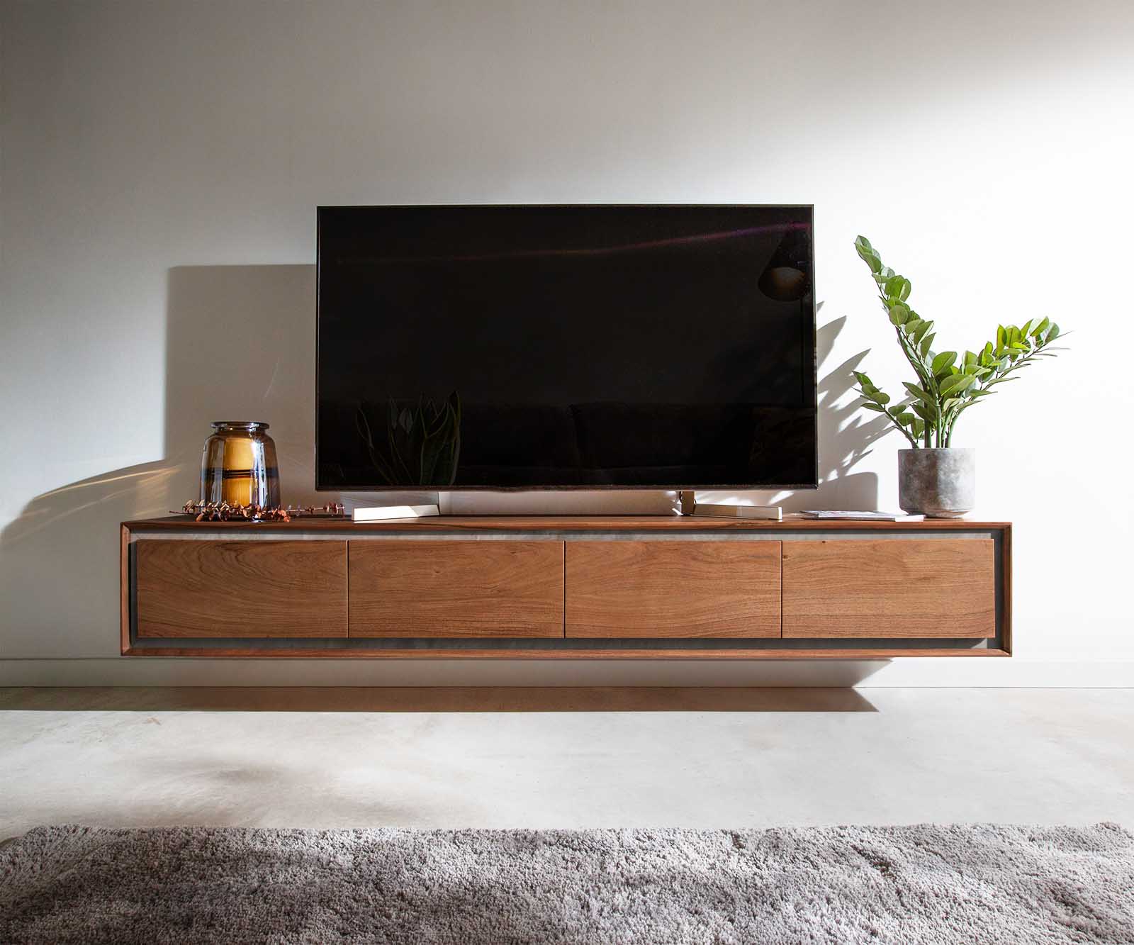 Tv-meubel Stonegrace 200 cm acacia bruin steenfineer 4 deuren zwevend 1