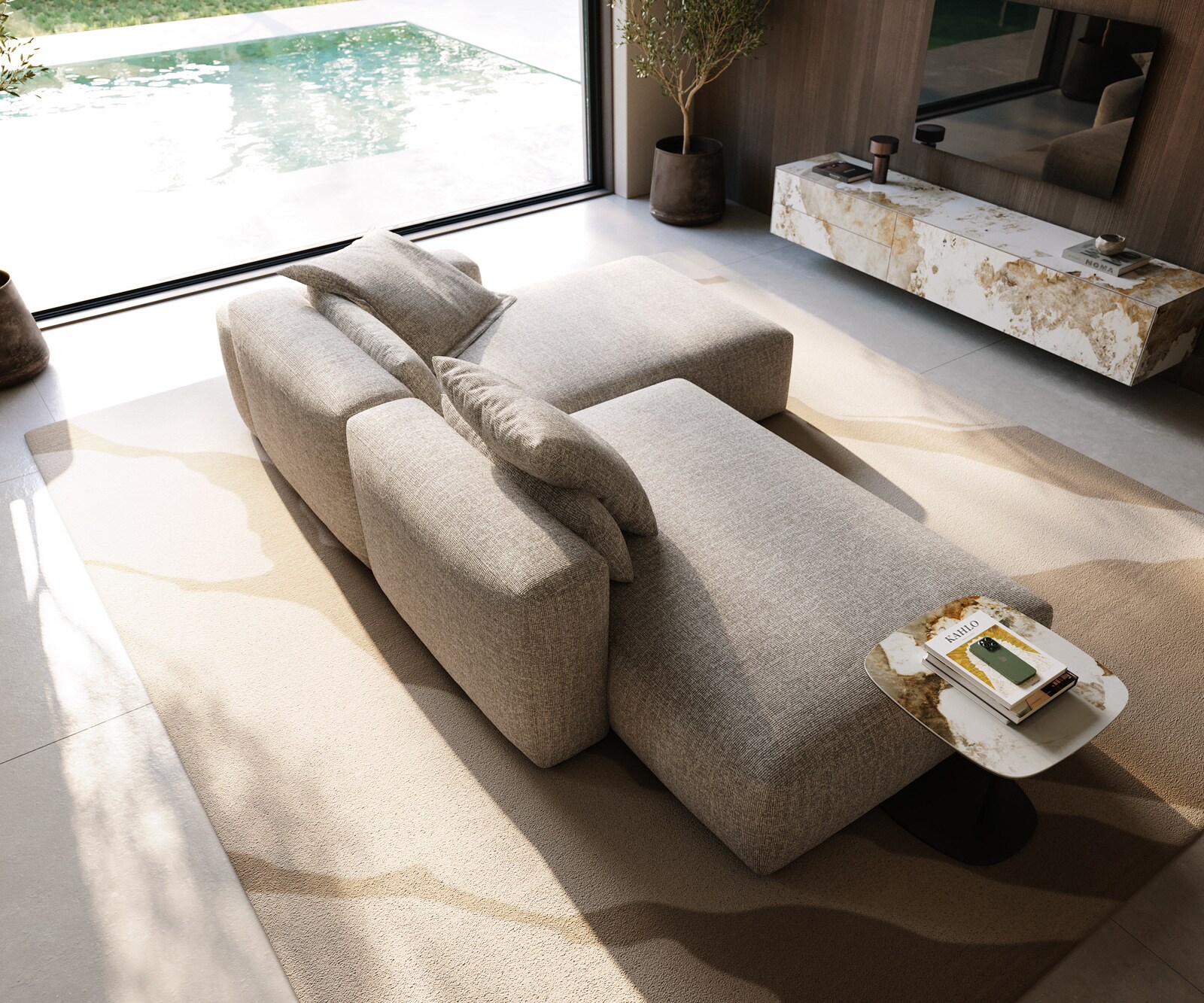 Hoekbank Freestyle 310x200 cm Zachte Geweven stof Beige kapnaad 3