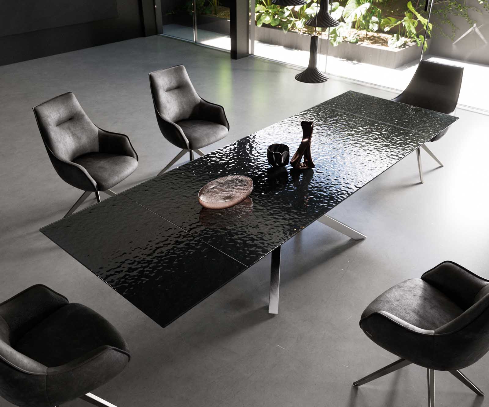 Eetkamertafel Edge 200-300x100 Glas smelten rokerig zwart 3D-Relief kruisframe rechthoek RVS uitschuifbaar 4