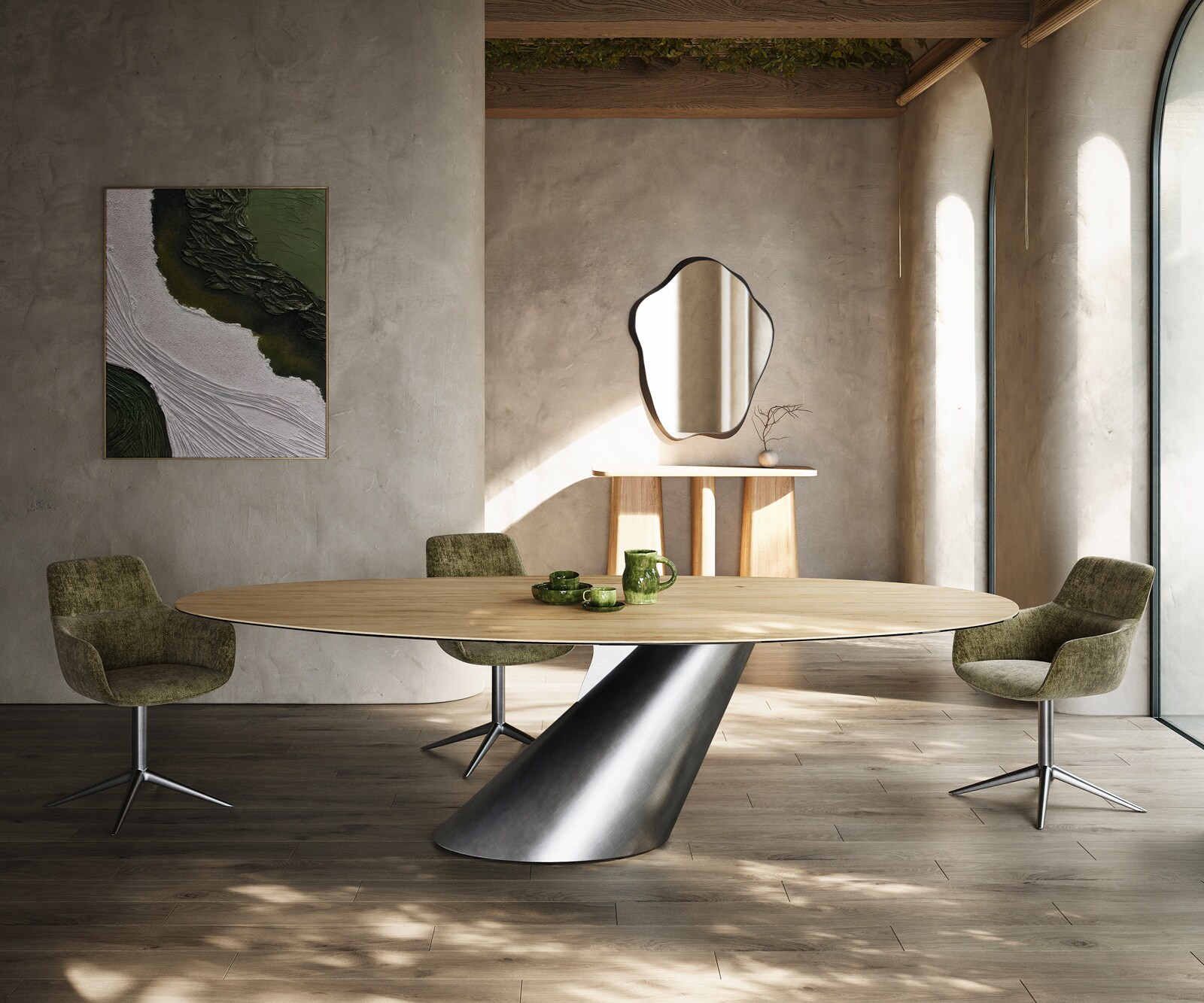 Eettafel Edge Oval 280x130 keramiek  Laminam® Sabbia Eichefarbig Cono metaal zilver