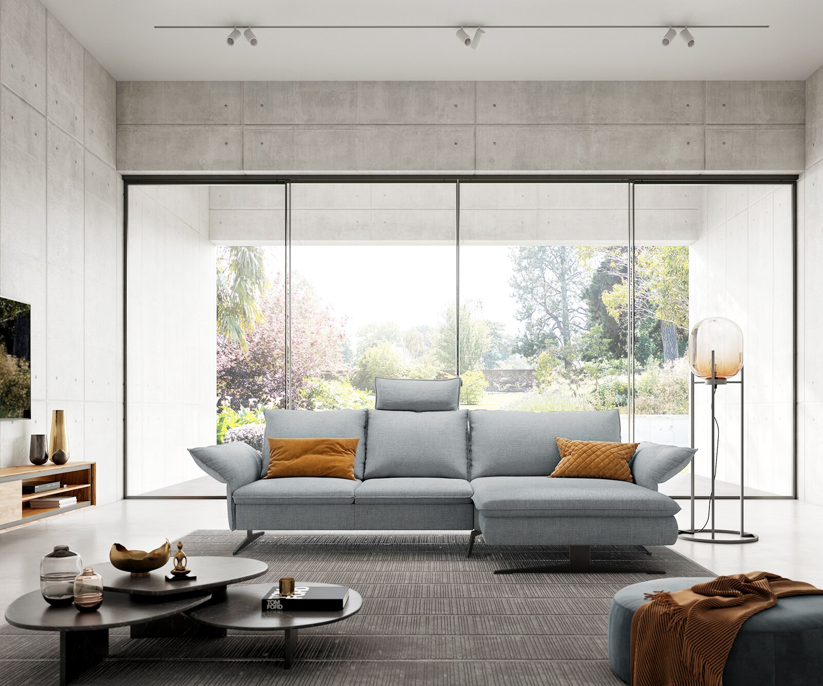 Eckcouch Nerio vlak geweven stof pastelblauw 300 x 190 cm recamière rechts 1