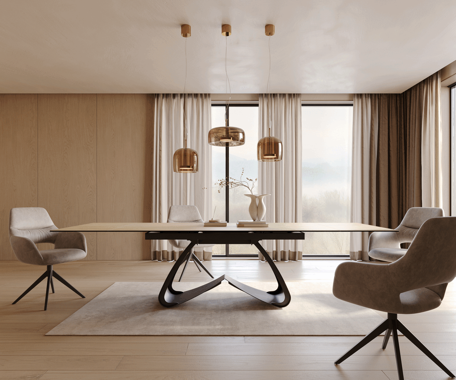 Eetkamertafel Edge 200-300x100 keramiek Laminam® Sabbia eiken kleur W-frame zwart uitschuifbaar 1