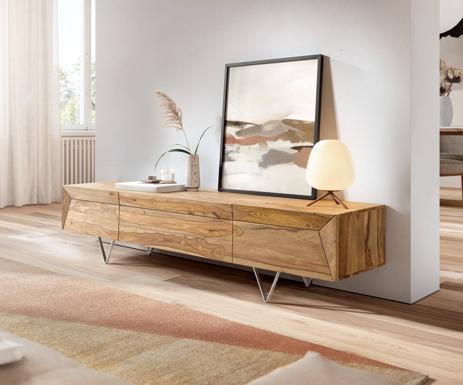 Designer-TV-meubel Wyatt 175 cm sheesham natuur 2 Deuren 1 Klep Designer-TV-meubel Wyatt 175 cm sheesham natuur 2 Deuren 1 Klep