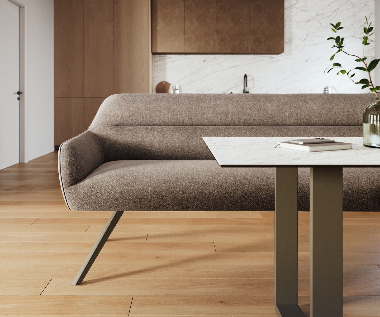 Eetkamerbank Taya-Flex 200 cm zachte stof met structuur taupe hoekig kruisframe afwerking met titaniumeffect pocketvering 1