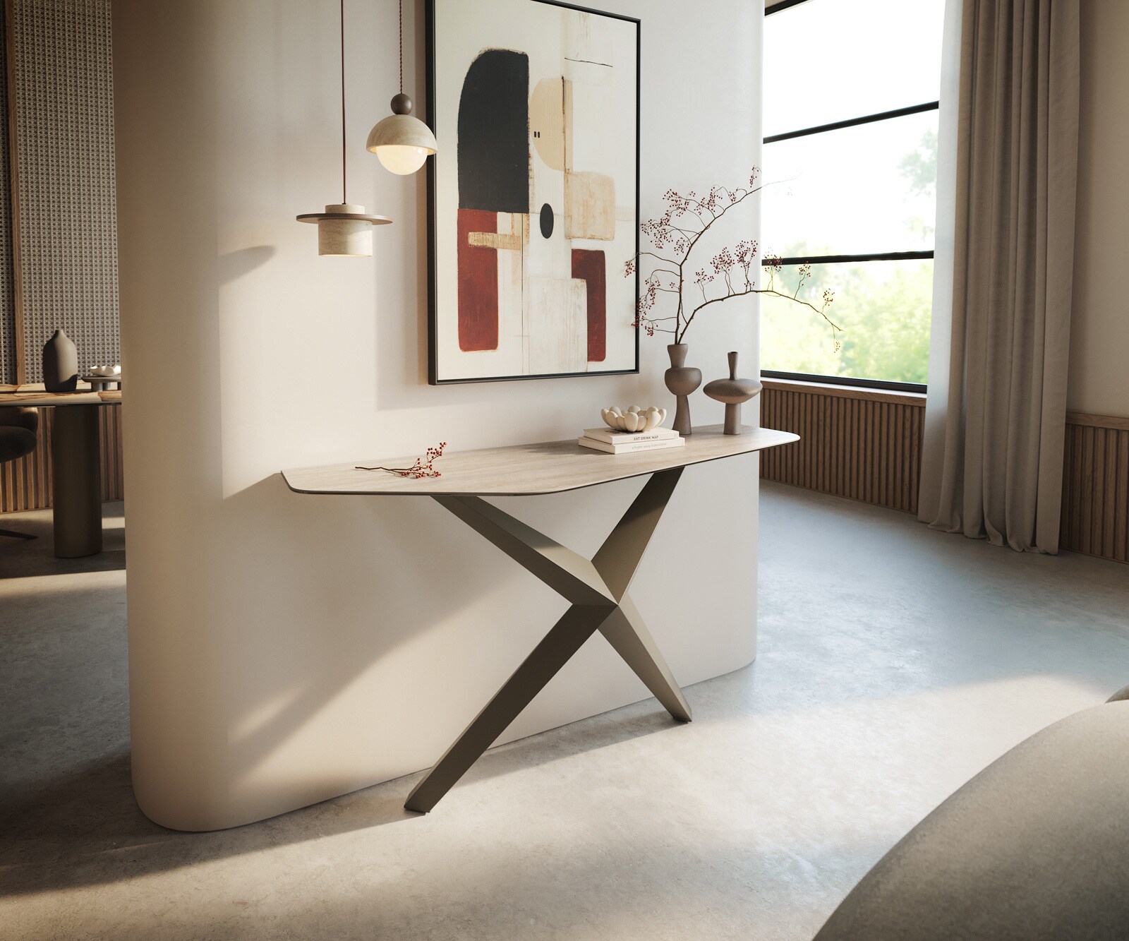 Consoletafel Edge Polygonaal 140x50 cm Keramiek Laminam® Travertino Bianco Creme-Weiß Zentharo Metaal Effektfinish Titan 4