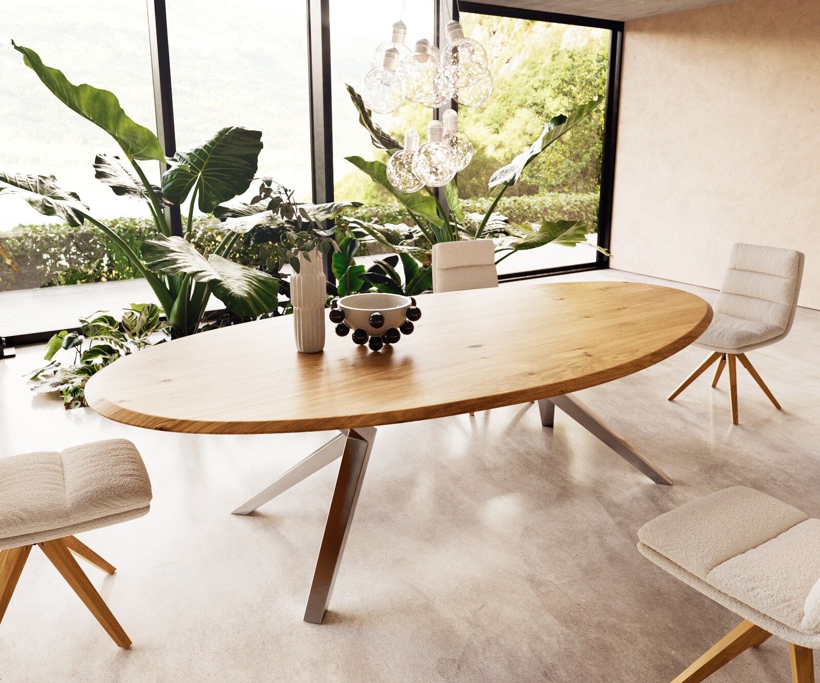 Eettafel Edge Oval 280x130x2,5 eiken natuur Zenthara kantig RVS Flow-Edge