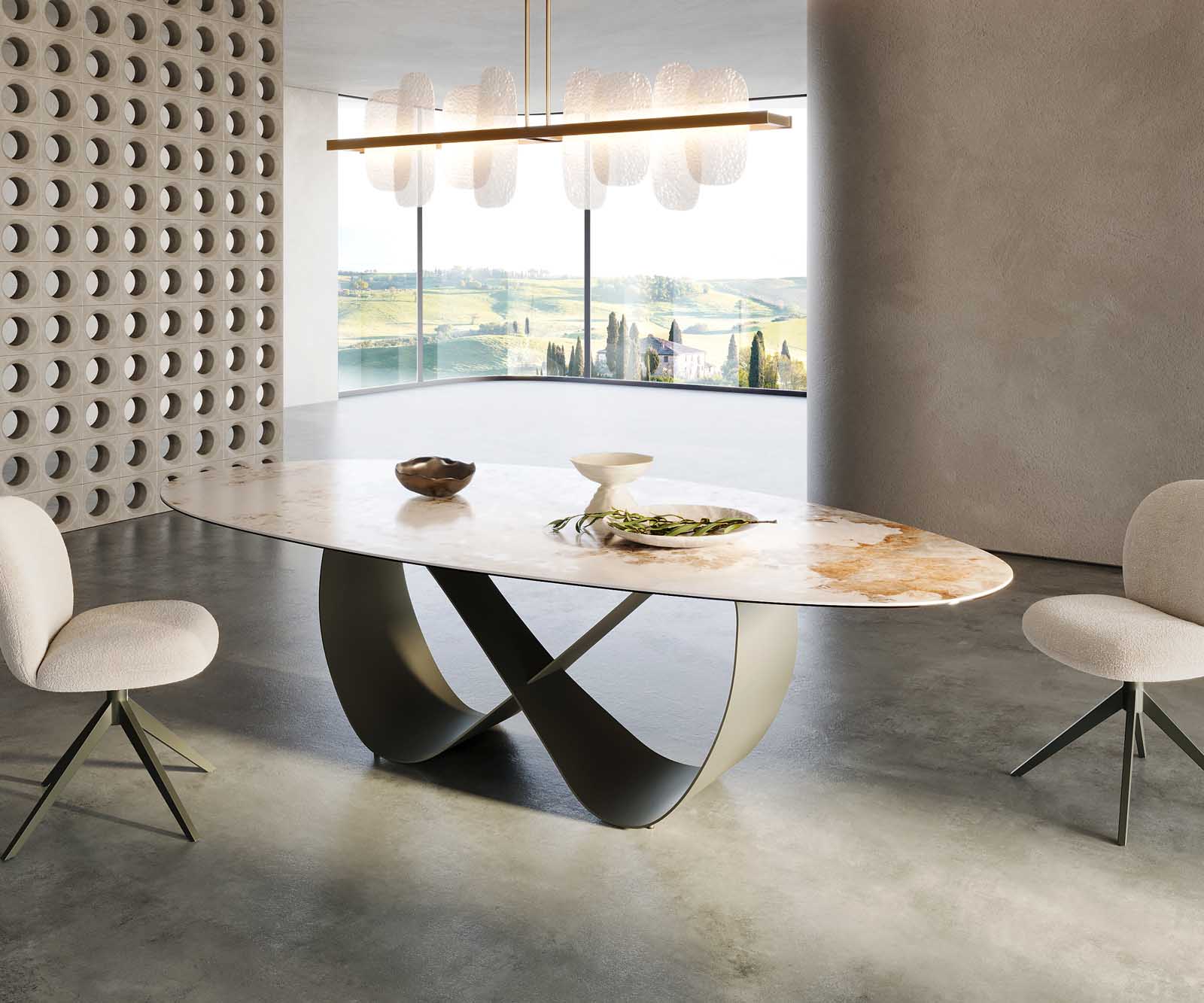 Eettafel Edge ovaal 280x130 keramiek Minas Melange wit-beige Infinity metaaleffect afwerking titanium 6