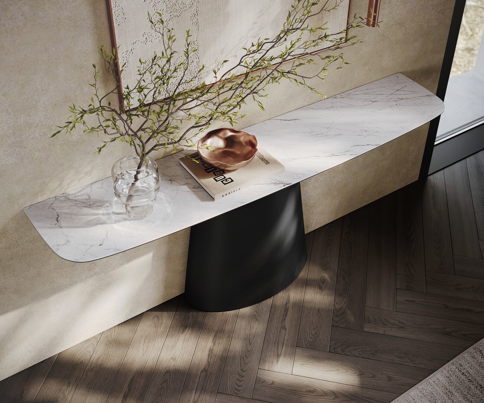 Consoletafel Edge Bootvorm 180x40 cm Keramiek Laminam® Statuarietto Weiß Conos Metaal Zwart 2