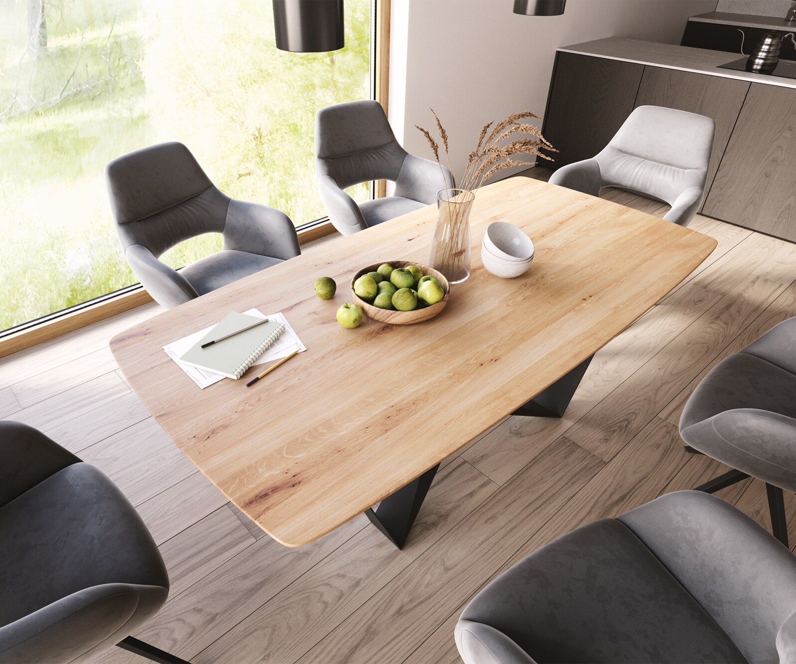 Eettafel Edge Boot 200x100x2,5-3 eiken natuur Spider staal  zwart  Schweizer Kante 2