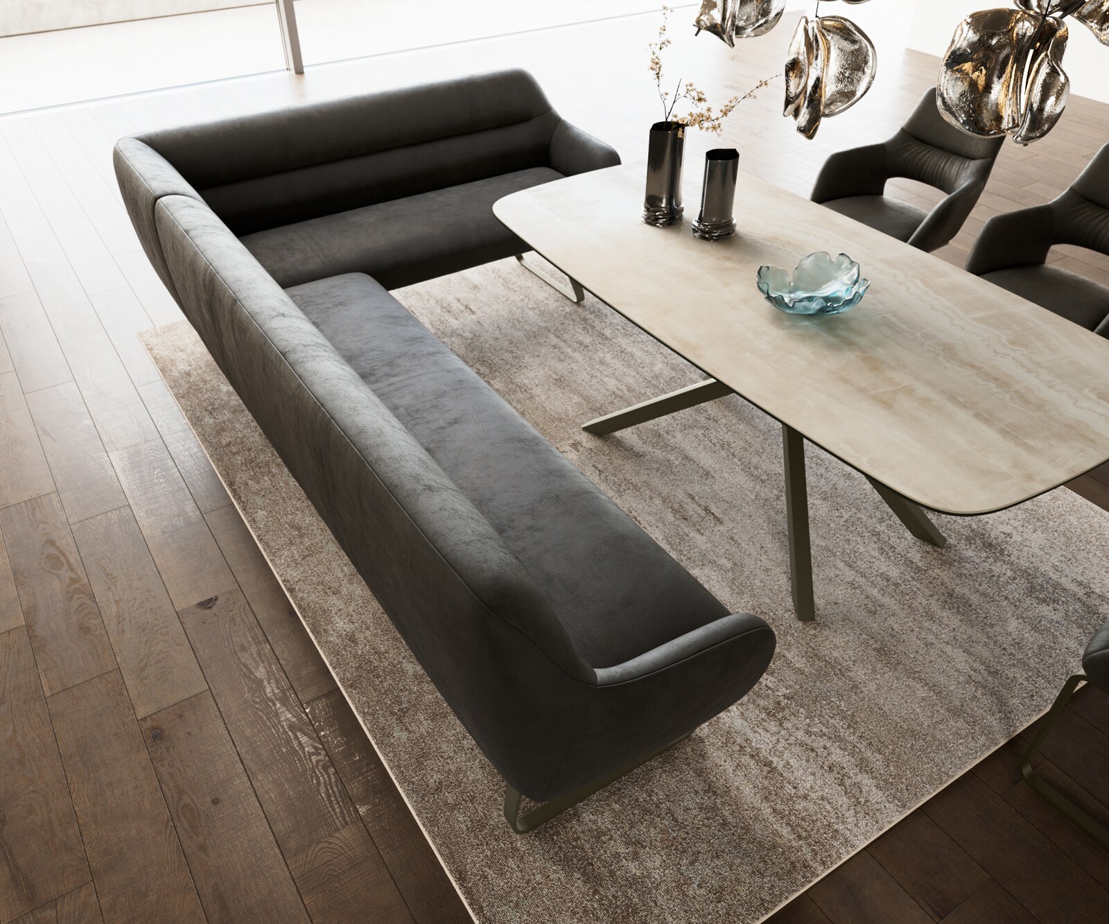 Eetkamerbank Taya-Flex 285x190 cm microvelours anthraciet vintage platte sledebasis afwerking met titaniumeffect pocketvering links 4