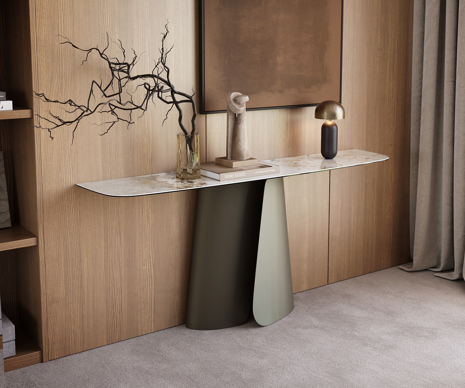 Consoletafel Edge Bootvorm 180x40 cm Keramiek Minas Melange Weiß-Beige Livos Metaal Effektfinish Titan 4