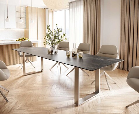 Eettafel Edge 300x100 keramiek Laminam® Noir Desir bruin roestvrij staal smal