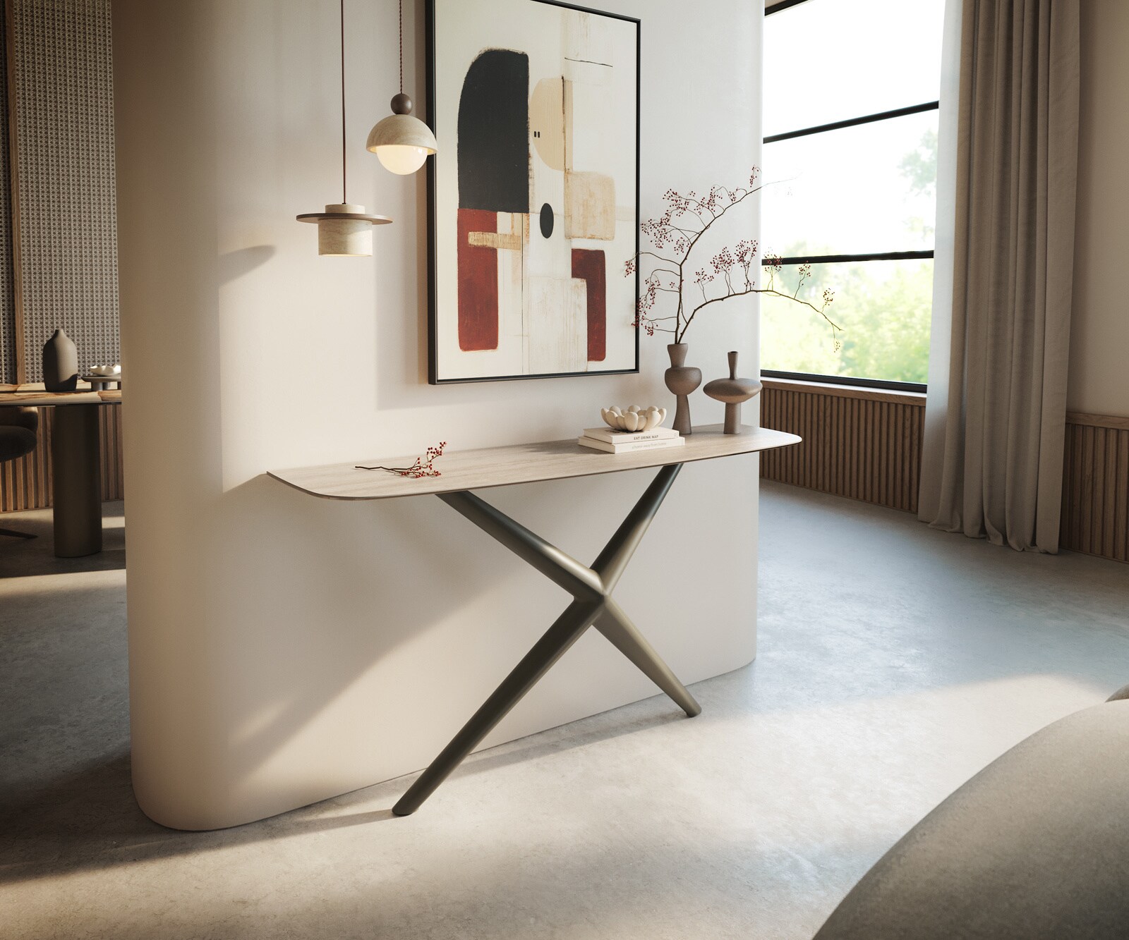 Consoletafel Edge Bootvorm 140x40 cm Keramiek Laminam® Travertino Bianco Creme-Weiß Estelo Metaal Effektfinish Titan 4