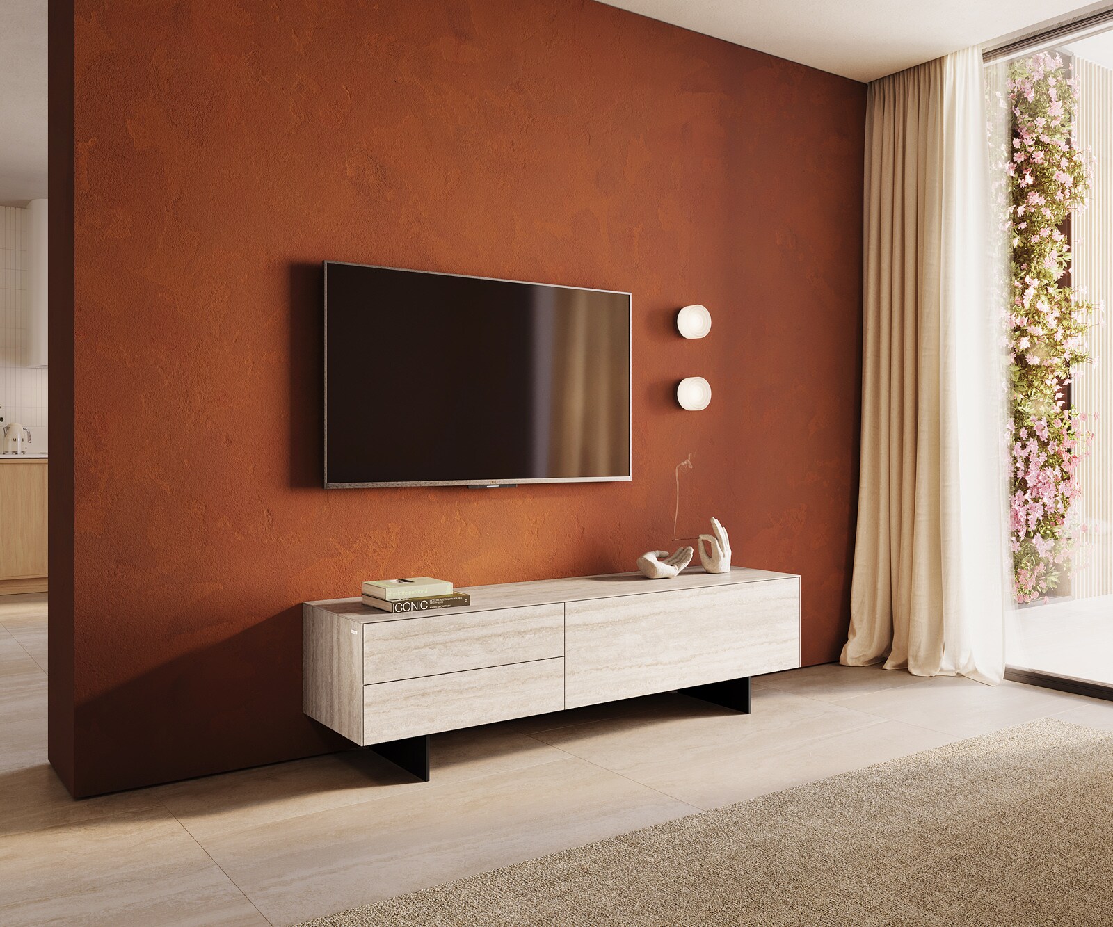 Tv-meubel Cuor 180 cm Keramiek Laminam® Travertino Bianco Crème-wit 1 Flap 2 Laden Zwevende voet look Metaal Zwart