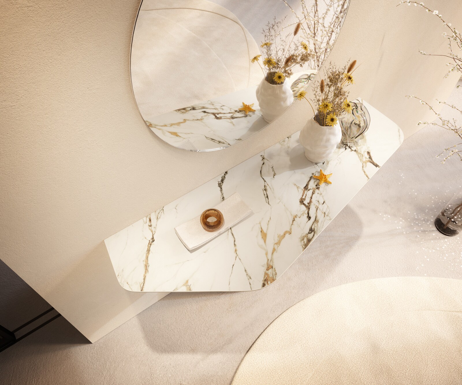 Consoletafel Edge Polygonaal 140x50 cm Keramiek Calacatta Luxe Weiß-Gold-Grijs Zentharo Metaal Effektfinish Titan 2