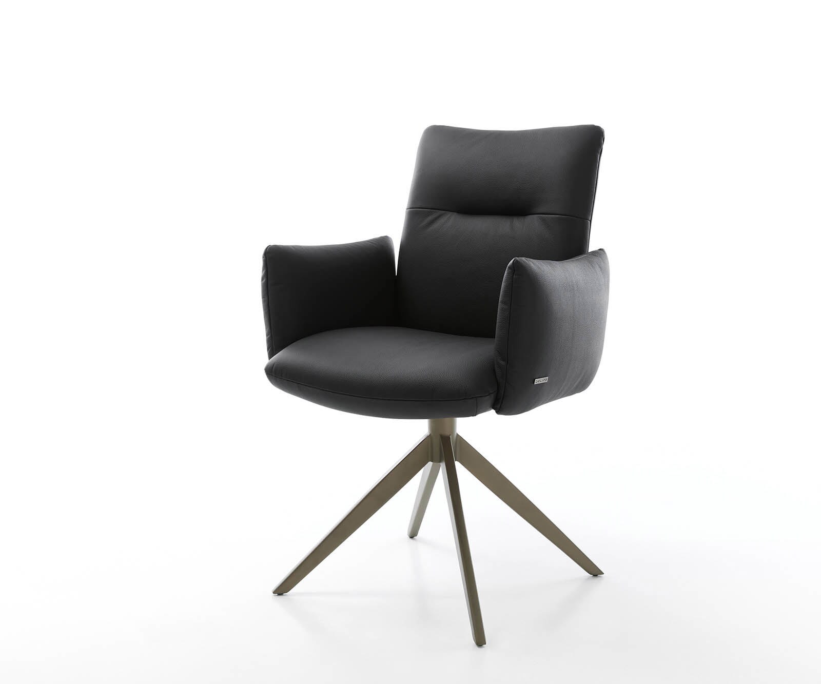 Draaistoel Jova-Flex met armleuning echt leer zwart kruisframe breed afwerking met titanium 360° draaibaar pocketveer kern