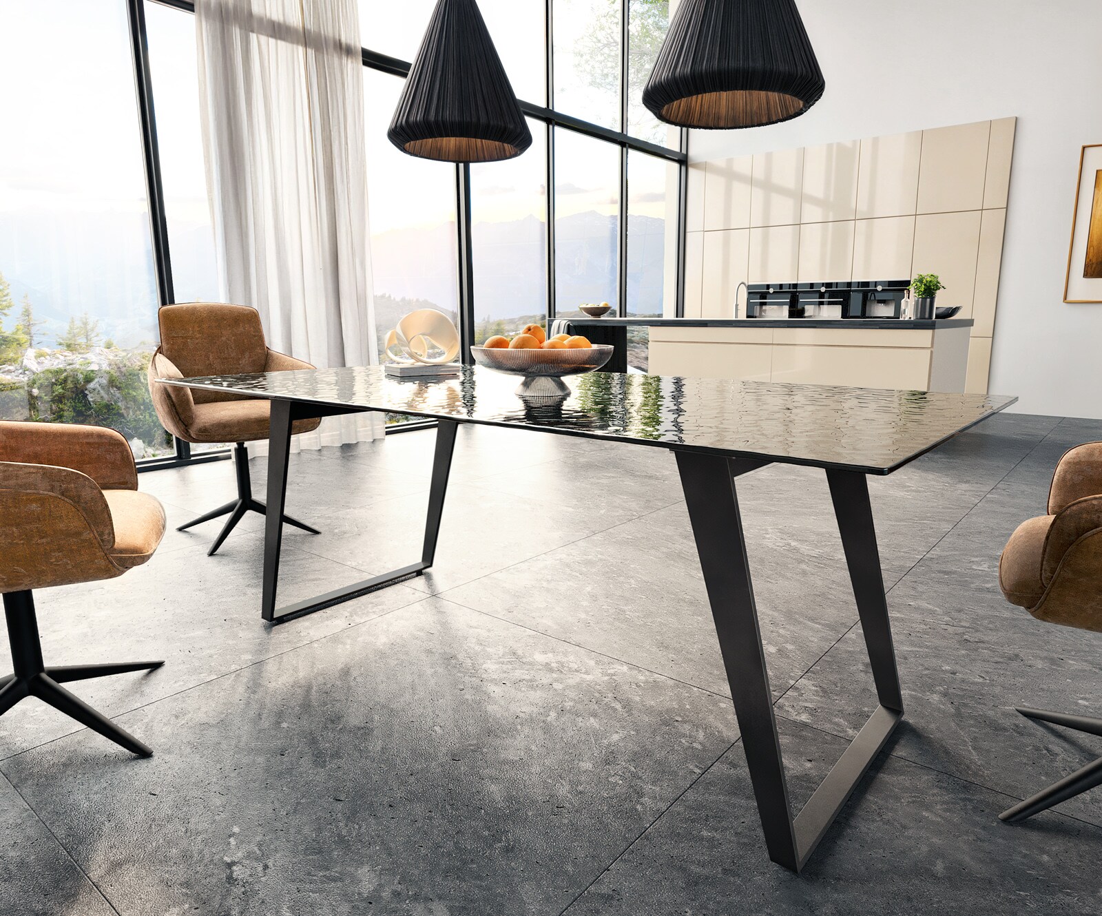 Eetkamertafel Edge 200x100 Glas smelten rokerig zwart 3D-Relief metaal schuin zwart 3