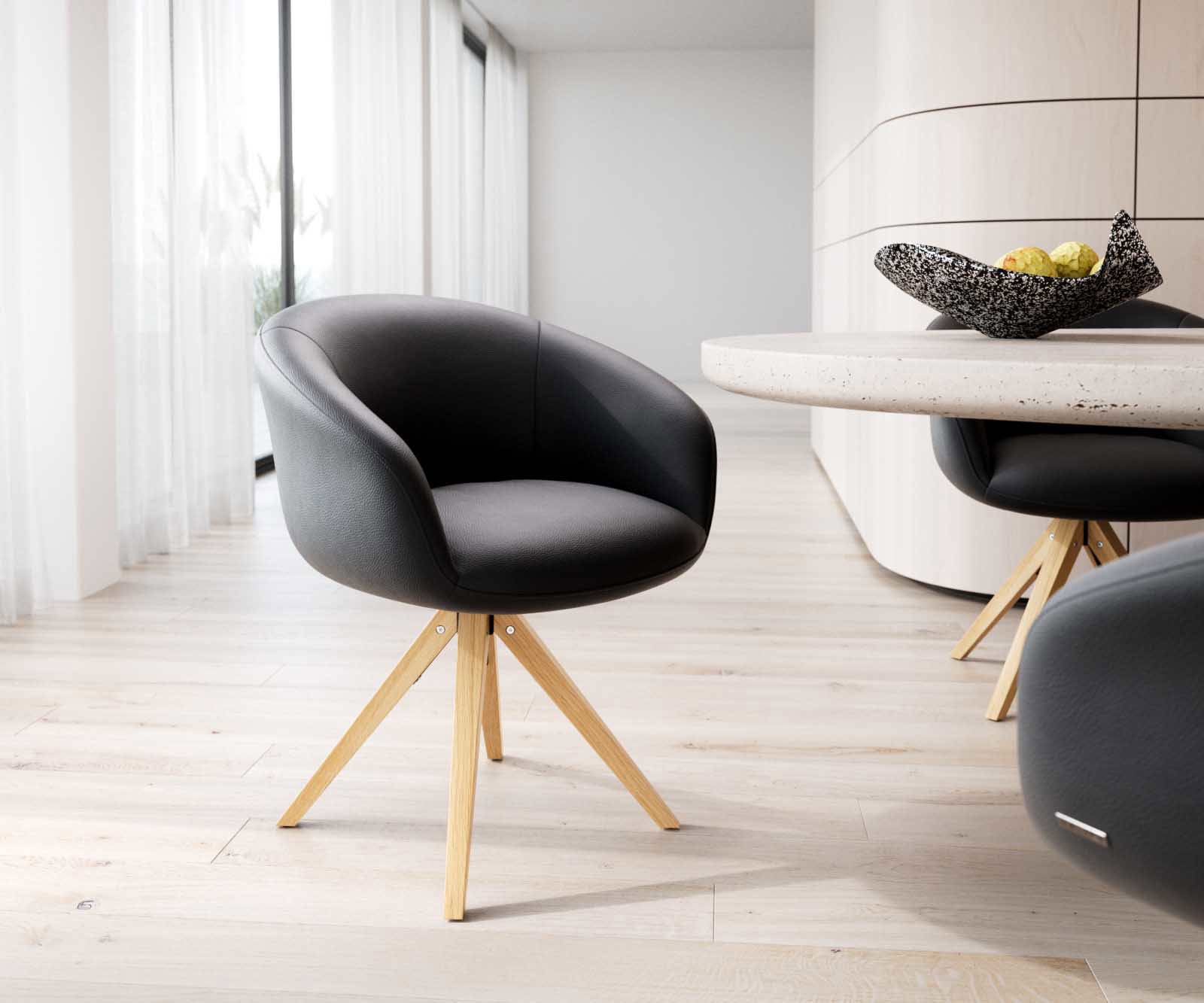 Draaistoel Vinka-Flex met armleuning echt leer zwart houten frame hoekig natuur 180° draaibaar pocketveer kern