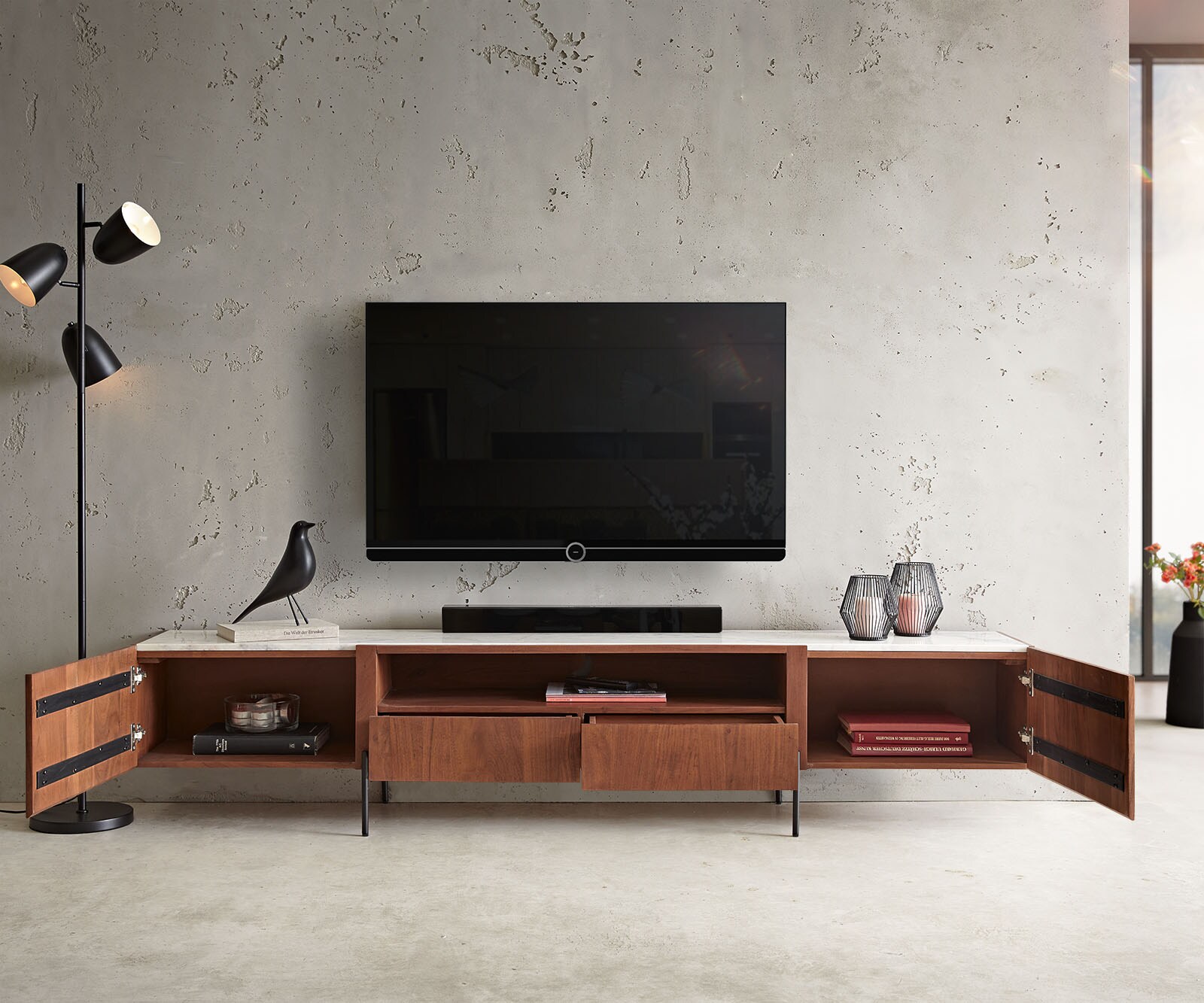 TV-meubel Secara 220 cm acacia bruin 2 deuren 2 laden marmeren poten zwart 3