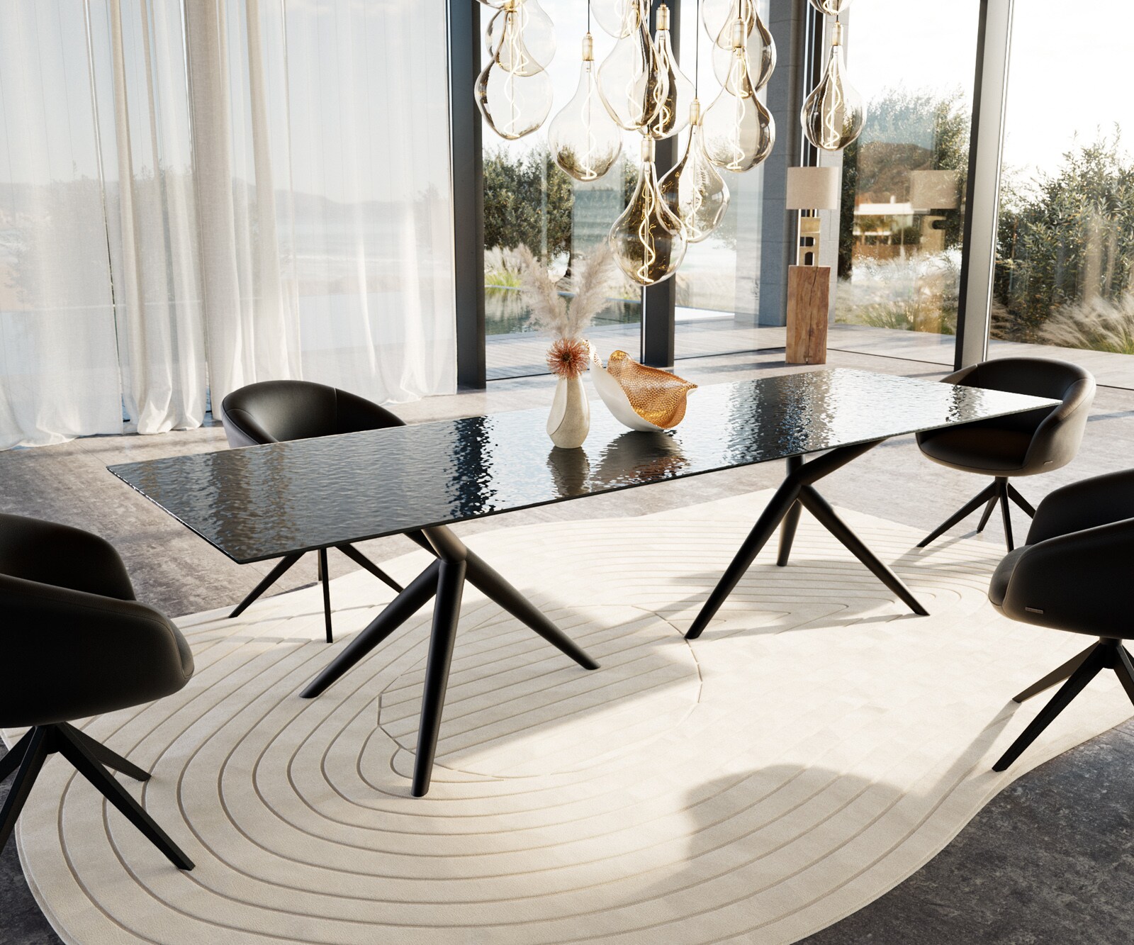 Eettafel Edge 300x100 Reliefglas zwart 3D-Design Estelar rond  metaal zwart