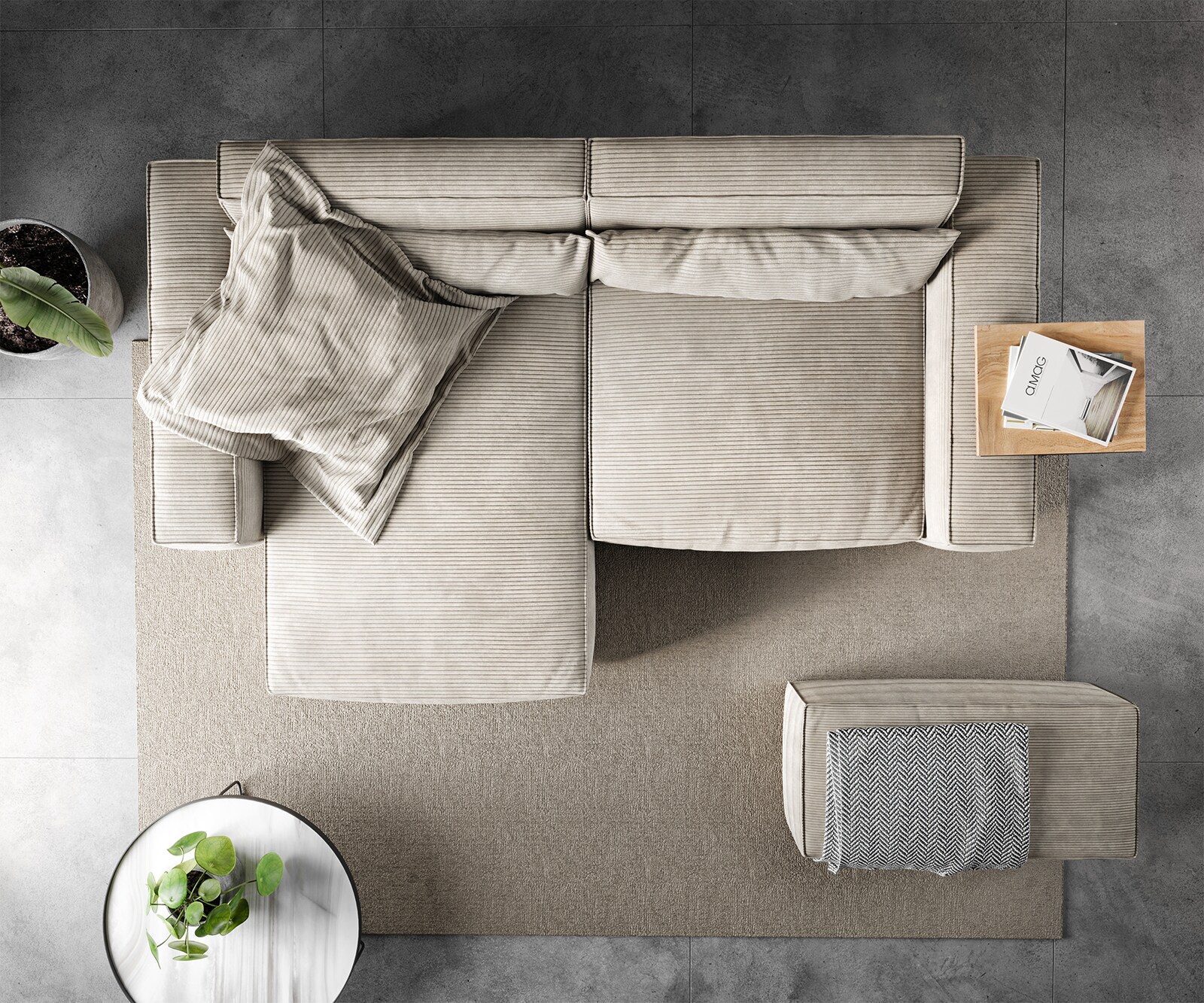 Hoekbank Sirpio 230x150 cm koord beige recamiere variabel met kruk 5